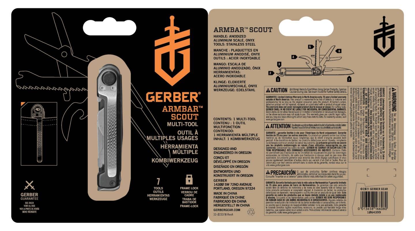 Gerber Navaja de bolsillo con 7 funciones, Multiherramienta con hoja lisa, Con tijeras y sierra, ArmBar Scout, Gris/Plata, Acero inoxidable/Aluminio, 1064399