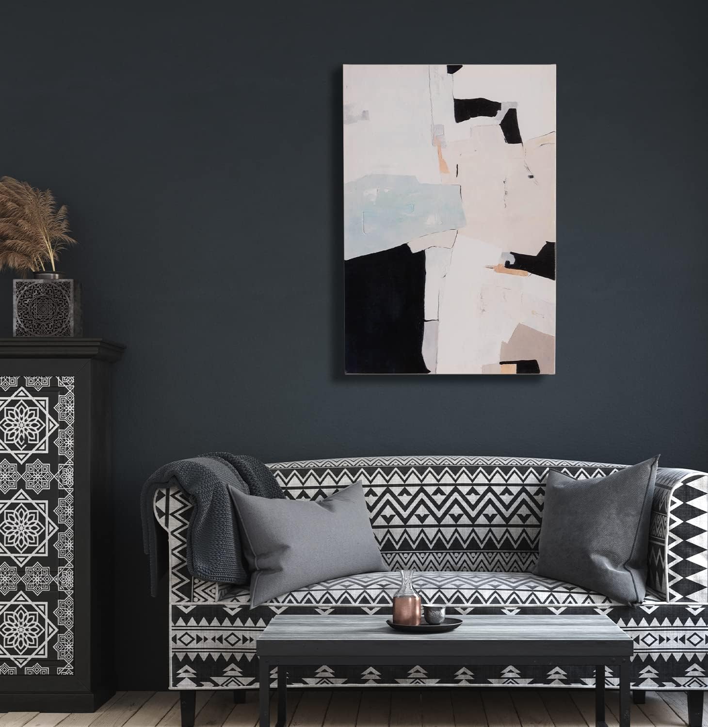 Framed Canvas Wall Art Prints, Black and White Wall Art In Minimalist Abstract Design, Grid and Texture Art Work for Office, Living Room, Bedroom - 24.0x16.0x1.0 inches