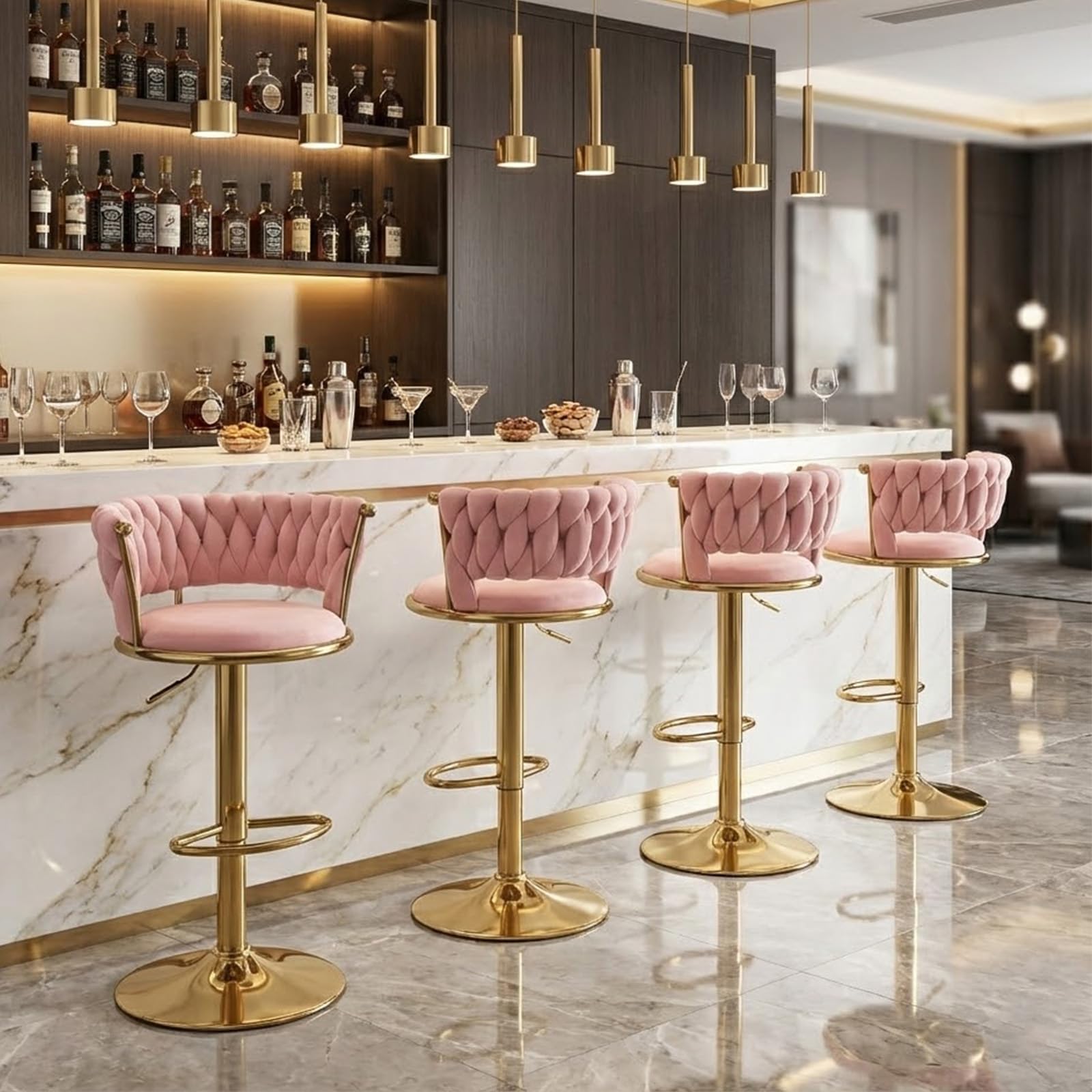 ATOMHOME Velvet Bar Stools Set of 4, Swivel Counter Height Barstools with Woven Backrest, Adjustable Height Bar Stools for Kitchen Island, Home Bar,