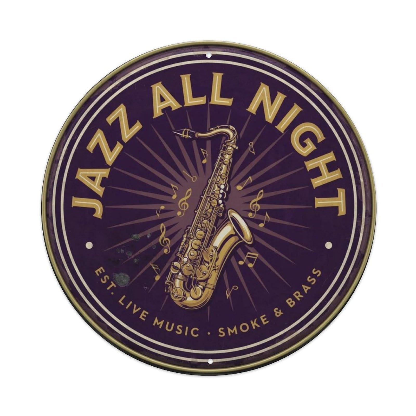 Jazz All Night Saxophone Vintage Round Metal Tin Sign Plaque