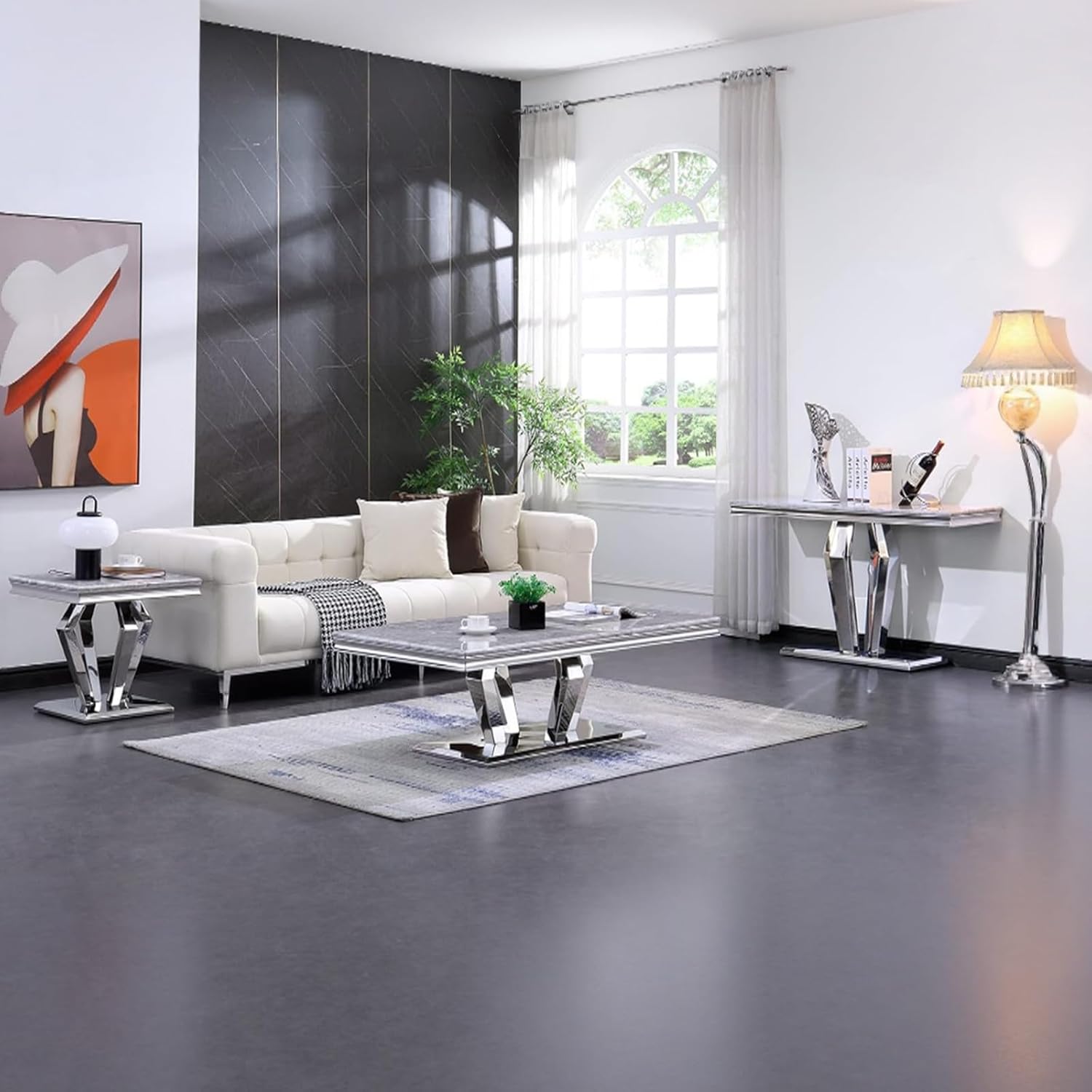 ACEDÉCOR 50 inch Silver Console Table, Mirrored Chrome Sofa Table with Geometric Base, Rectangular Grey Console Table for Entryway, Living Room, Office, Coffee Bar, Front Hall, Hallway