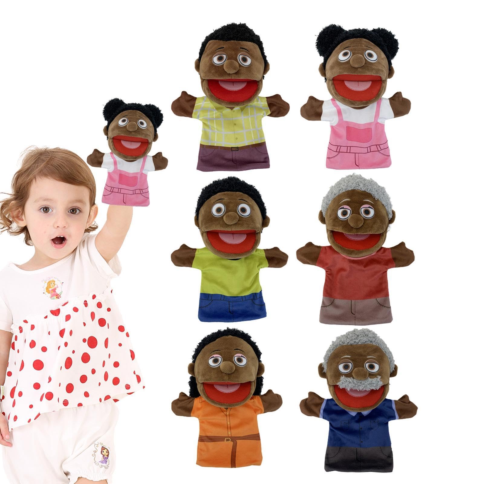 Burattini di famiglia per bambini - 6 pupazzi multiculturali per ragazza e | ragazzo,Membri della famiglia multiculturale da 28 cm, marionette da teatro con bocca mobile, forniture per aule per insegnan