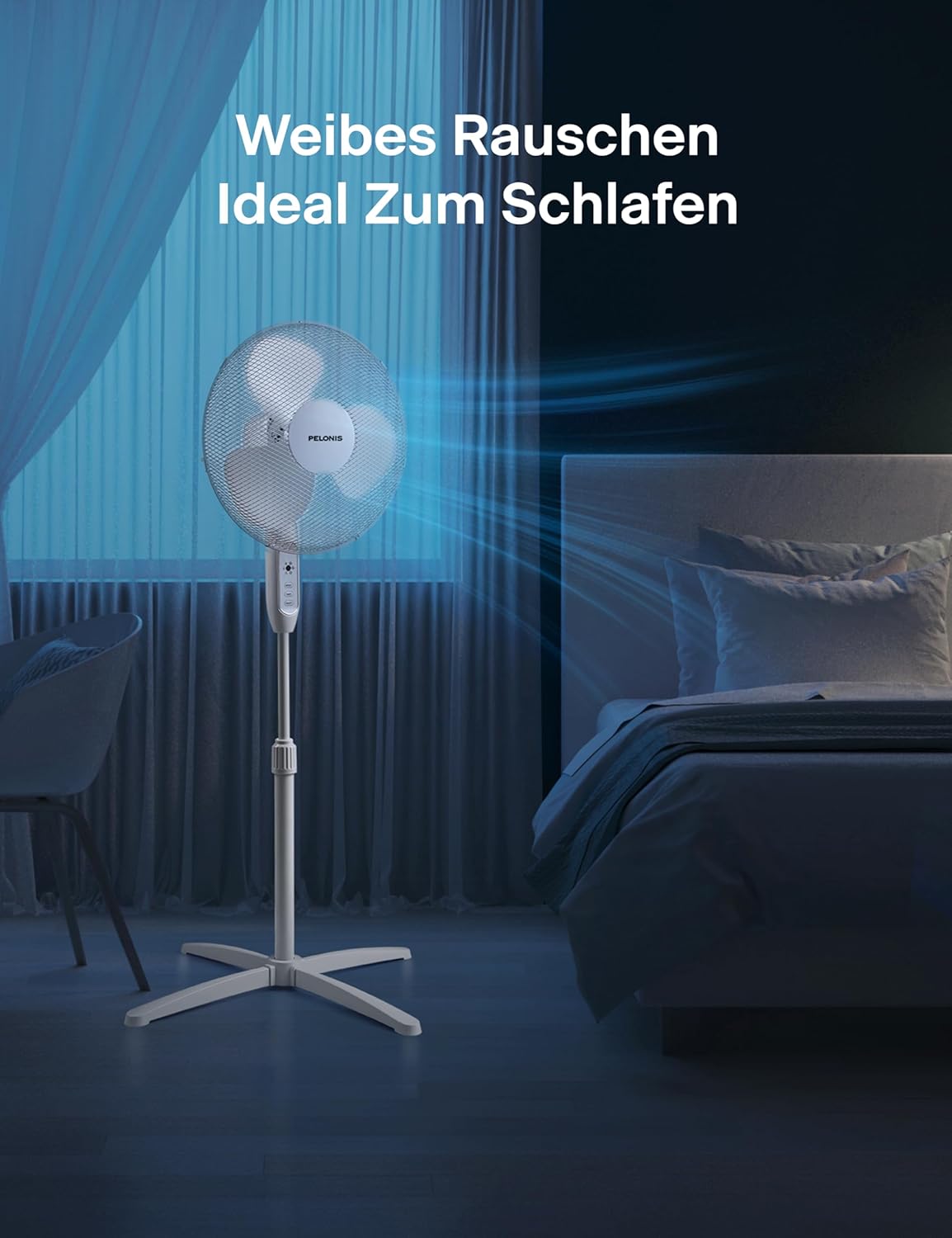 Diagram showing the PELONIS fan's adjustable height from 110cm to 130cm and base width of 72cm.