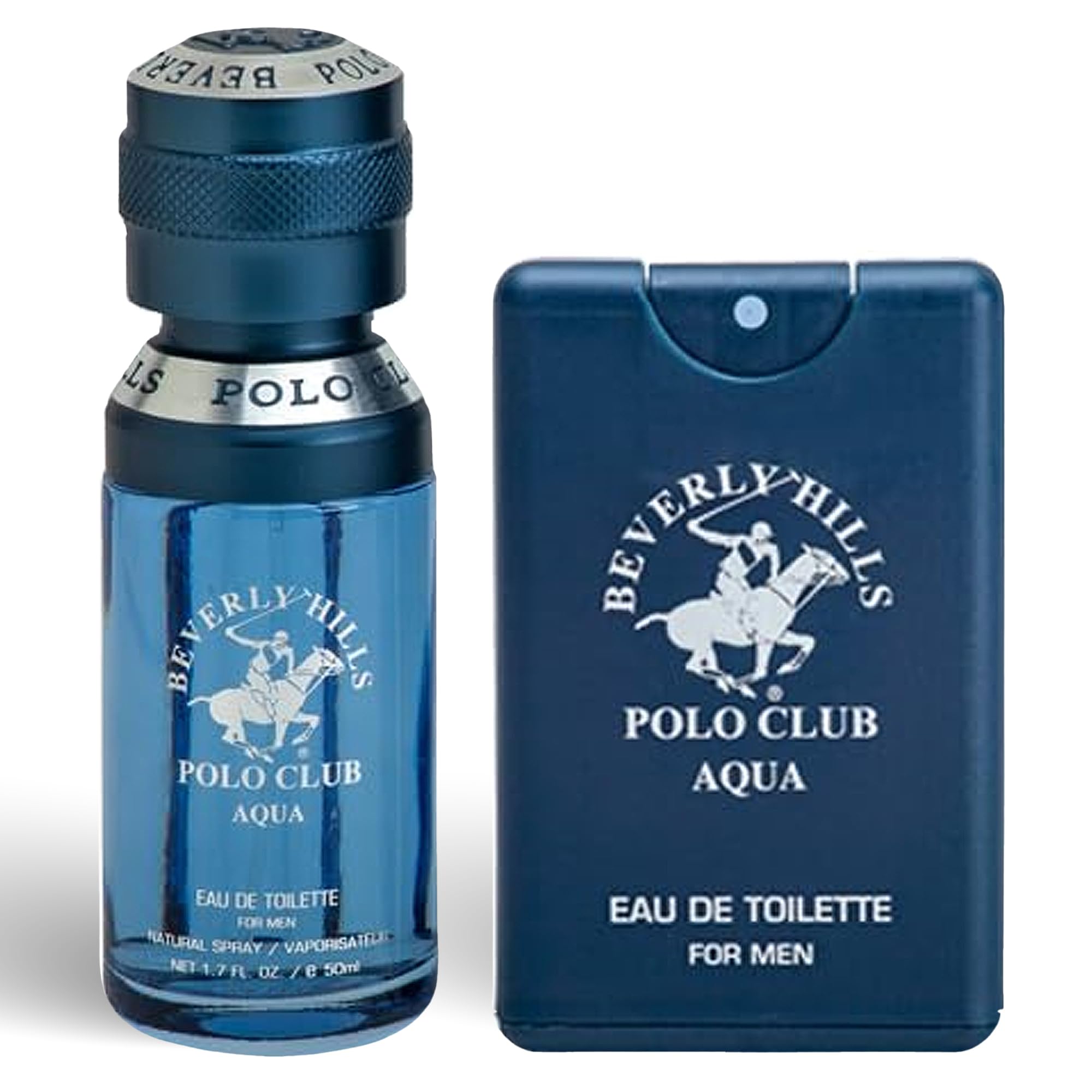 Beverly Hills Polo Club BHPC Men's Aqua Eau De Toilette Bonus Pack - 1.7oz EDT & Portable Travel Spray for Everyday Freshness