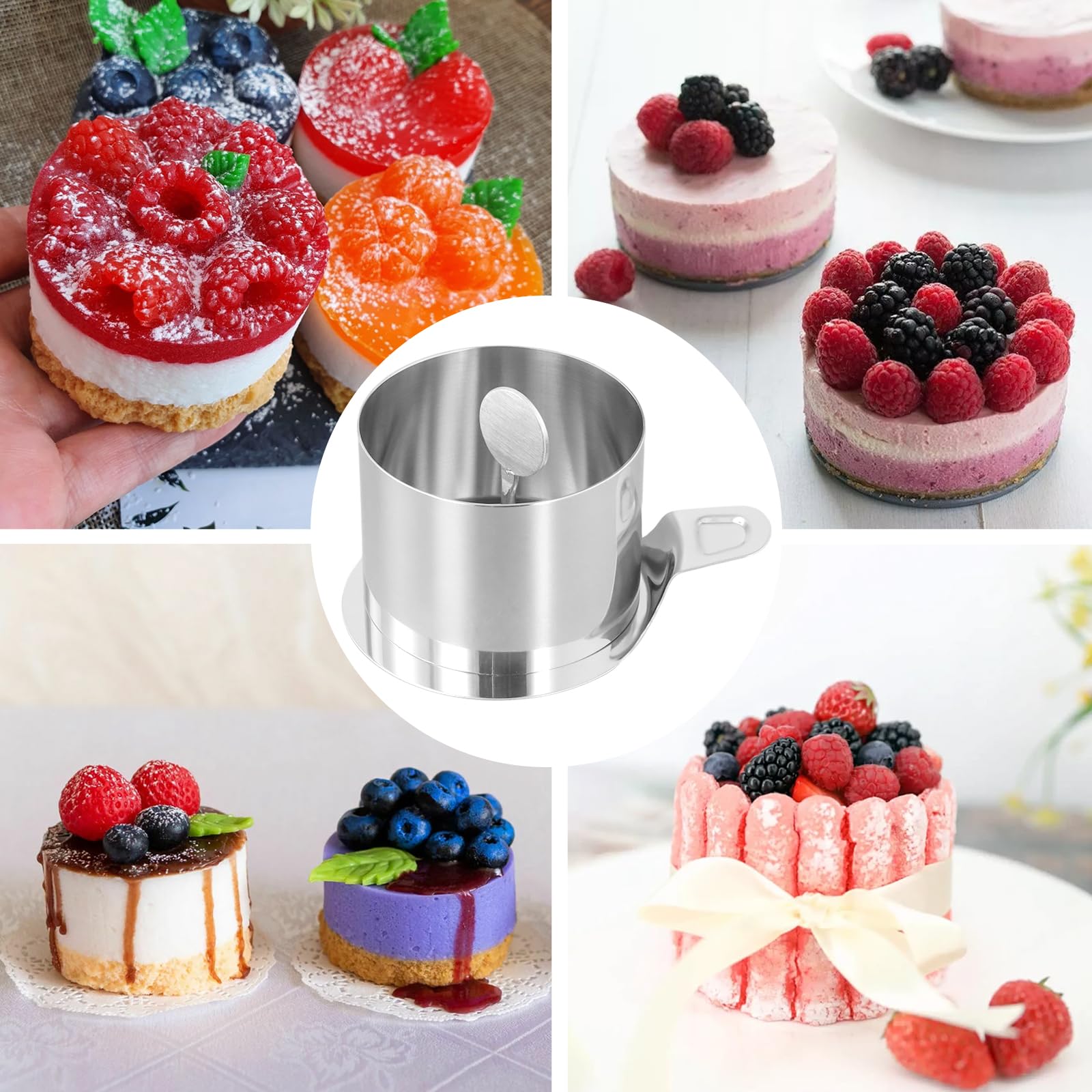 SEUNMUK 10 anelli rotondi per torte in acciaio inox, 7,5 x 5,5 cm, con pressa per alimenti e spatola, per crumpet, cheesecake, pasticceria, dessert, cucinare uova