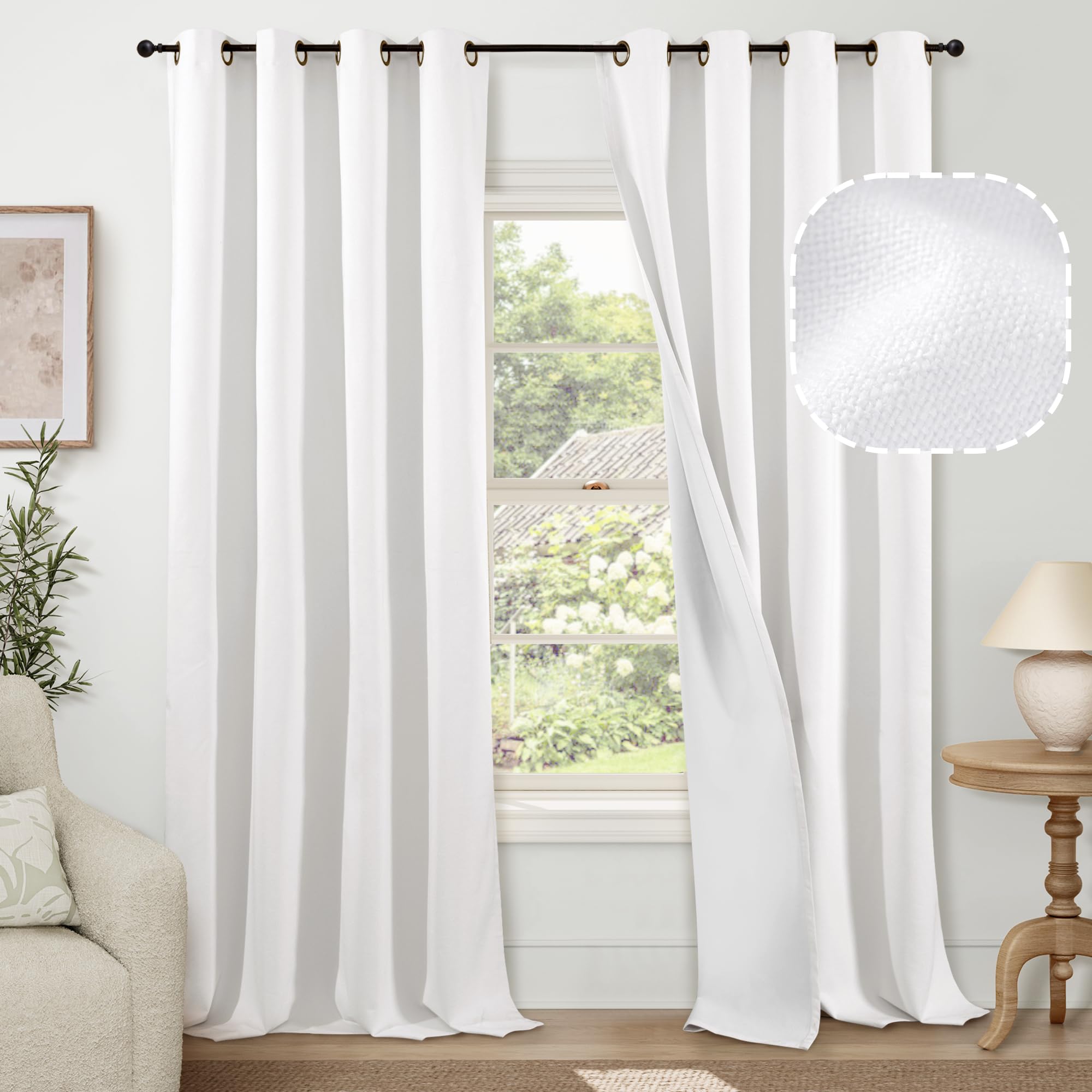 Linen White Blackout Curtains for Living Room 84 Inch Length 2 Panels Set, Faux Linen 100% Black Out Thermal Insulated Bronze Grommet Farmhouse Window Curtains for Bedroom Darken, Each 52Wide