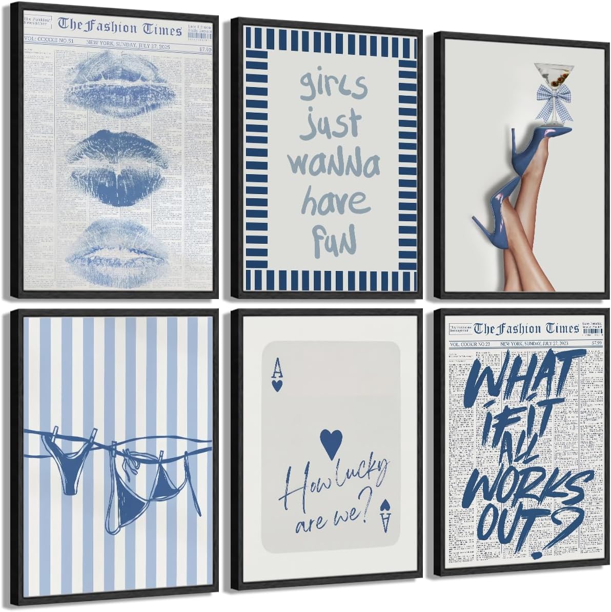 6Pcs Trendy Blue Wall Art Fashion Newspaper Posters How Lucky Are We and Just a Girl Pictures Coastal Bikini Hot Girl Lips Wall Decor Prints Preppy Y2K Aesthetic Painting for Girly Room Dorm 8x10in