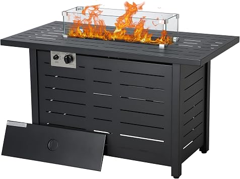 LOUVIXA Fire Pit Table, 43" Outdoor Fire Pit Table, 50,000 BTU Gas Fire Table with Lid, Glass Wind Guard for Outside Garden Backyard Deck Patio