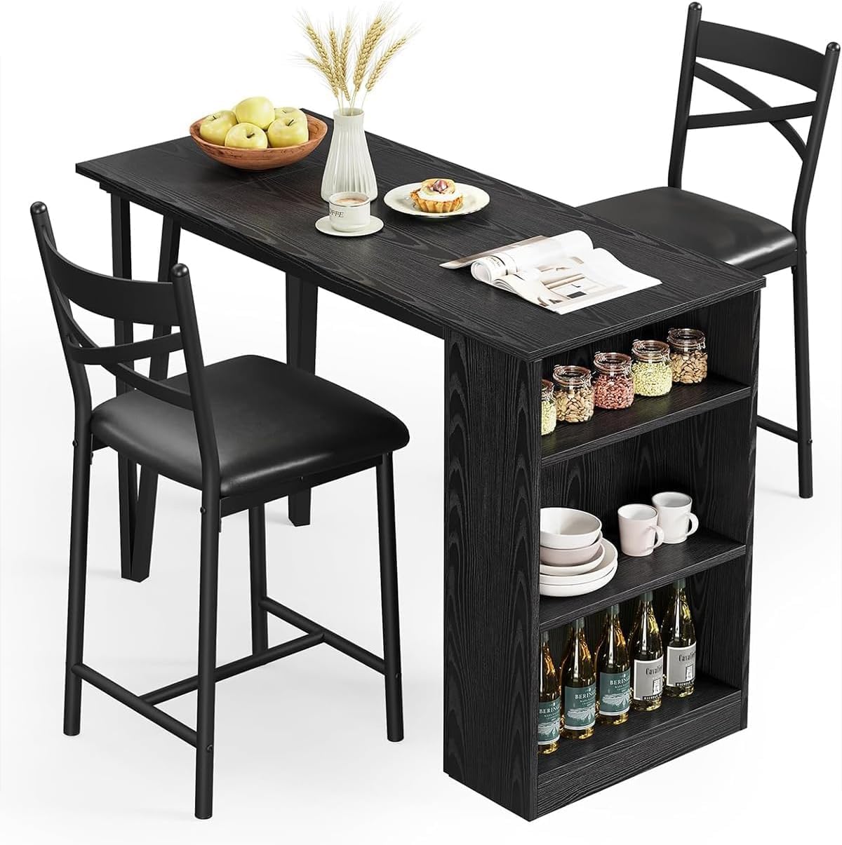 Bar table set with chairs and storage shelves