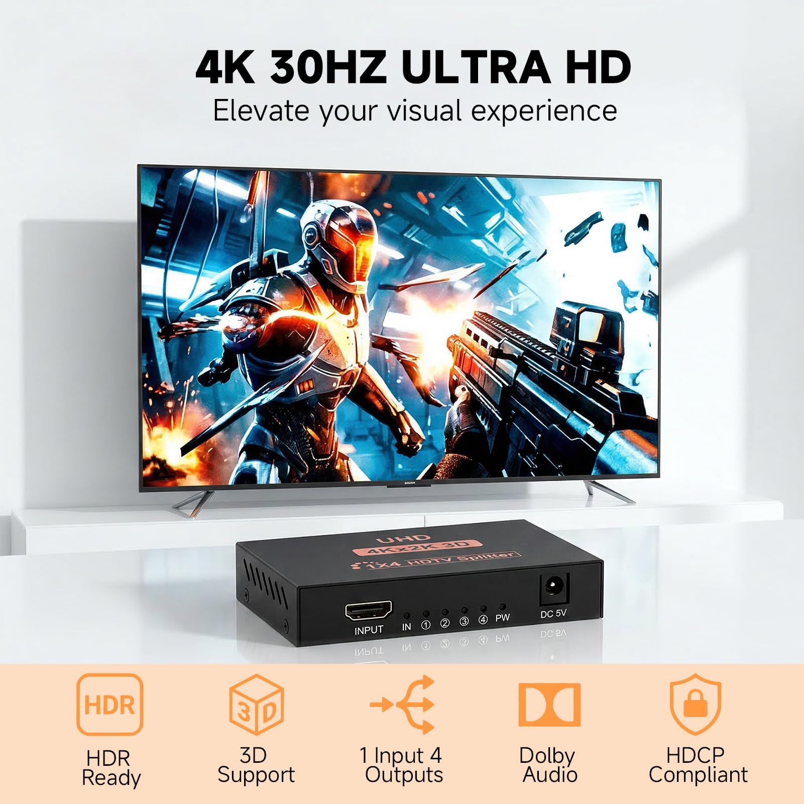 HDMI Splitter 1 in 4 out, HDMI Switch 4K 3D 1080P Splitter HDMI Divisor 1 Entrada 4 Salidas Duplicar Espejo per 4 Monitor Compatible con PS4 PS3 BLU-Ray HDTV DVD DVR Xbox Monitor Proyector — view 6