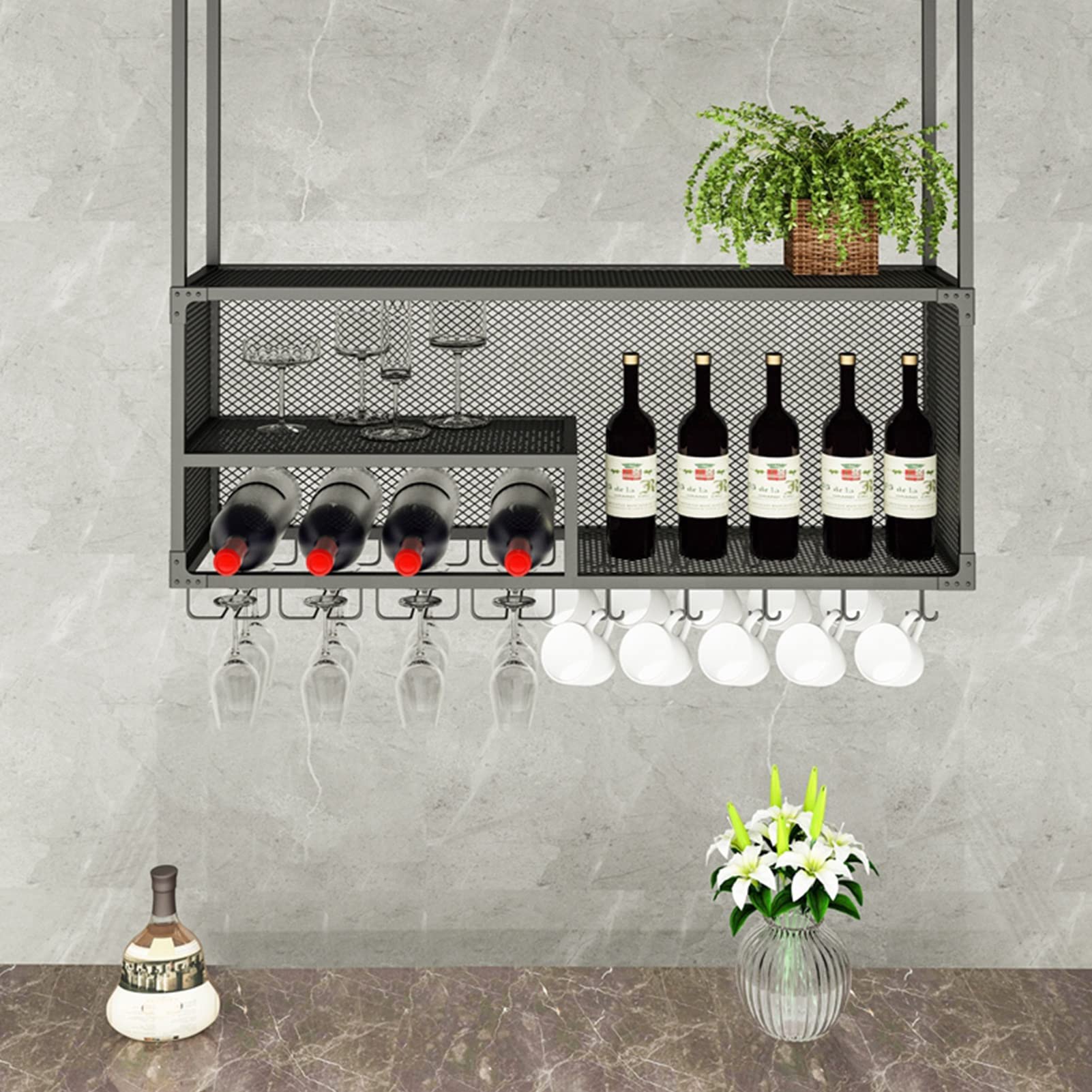 SSRURYWZ Ceiling Shelf Vintage Wine Glass Holder, Iron Floating Decoration Wine Rack, Hanging Storage Racks for Bars/Restaurants/Kitchens Display Shelving