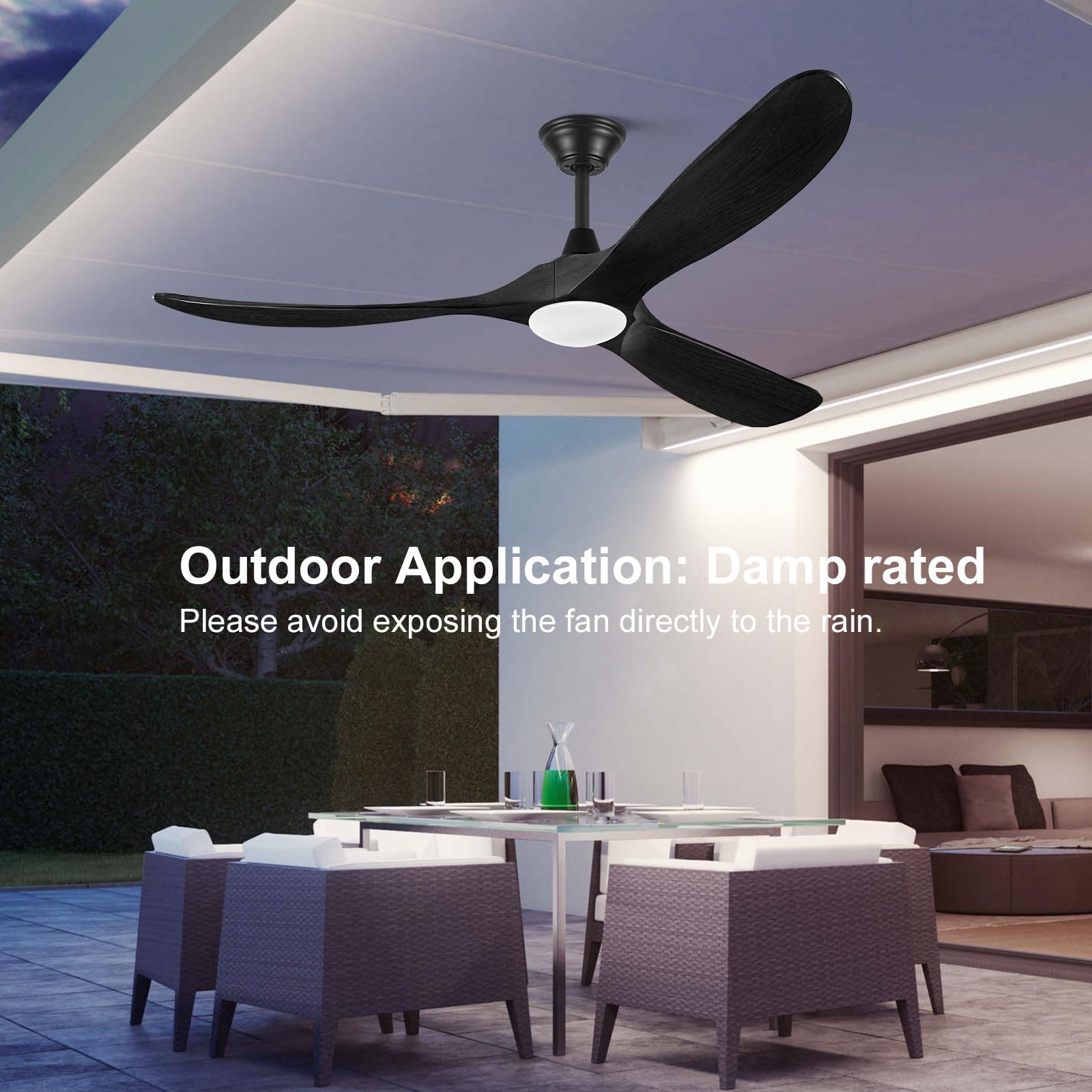 Ventilatori Da Soffitto Per Esterni In Legno Nero Da 178 Cm Con Luce, Moderno Ventilatore Da Soffitto A 3 Pale Con Telecomando, Motore Cc Silenzioso Reversibile