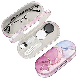 FINTIE Funda Gafas y Lentillas 2 en 1, Rigida Doble Compartimento Estuche para Gafas y Lentes de Contacto de Viaje portátil con Espejo Integrado