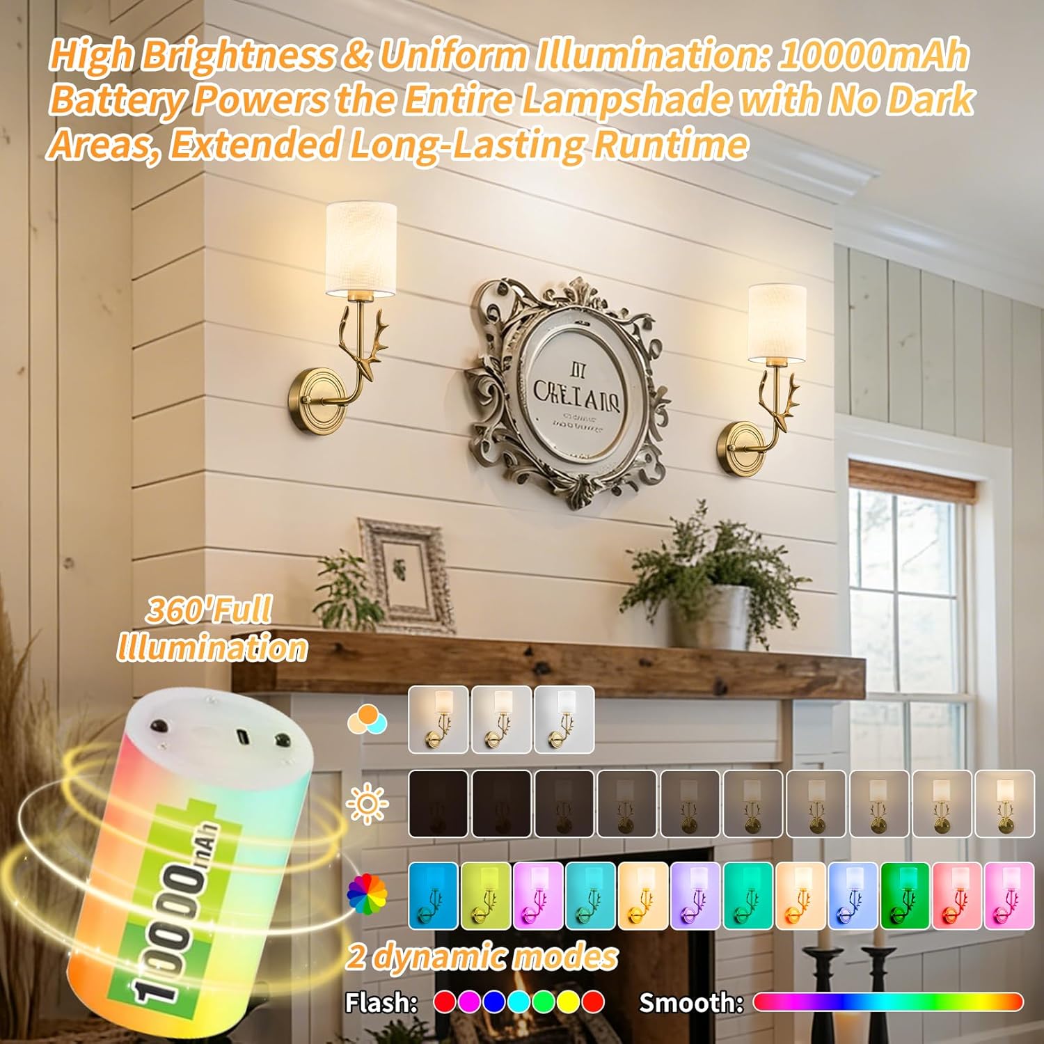 Cordless Wall Sconces Set of 2, 10000mAh Rechargeable RGB LED Lamps, Retro Antler Design, Remote & Timing, Dimmable Gold Night Light for Gallery Wall Art, Living Room, Bedroom, Hallway, Home Decor