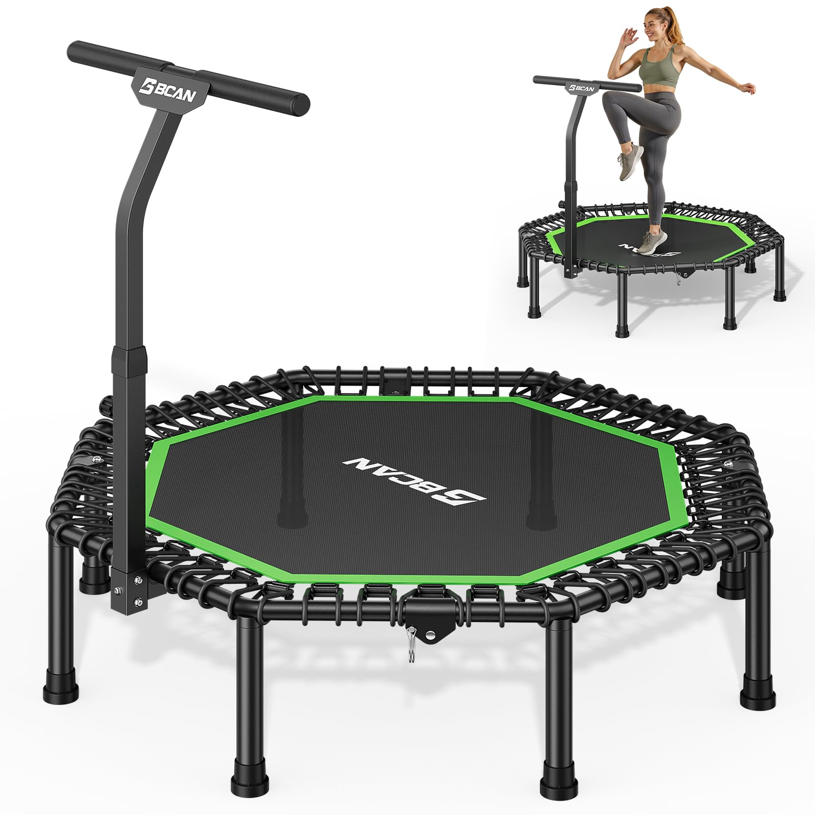 BCAN Achteckiges Indoor-Fitness-Trampolin, 130cm, Trampolin für Erwachsene bis 205 kg, mit verstellbarem T-Griff und großer Sprungfläche, stoßdämpfend und geräuscharm