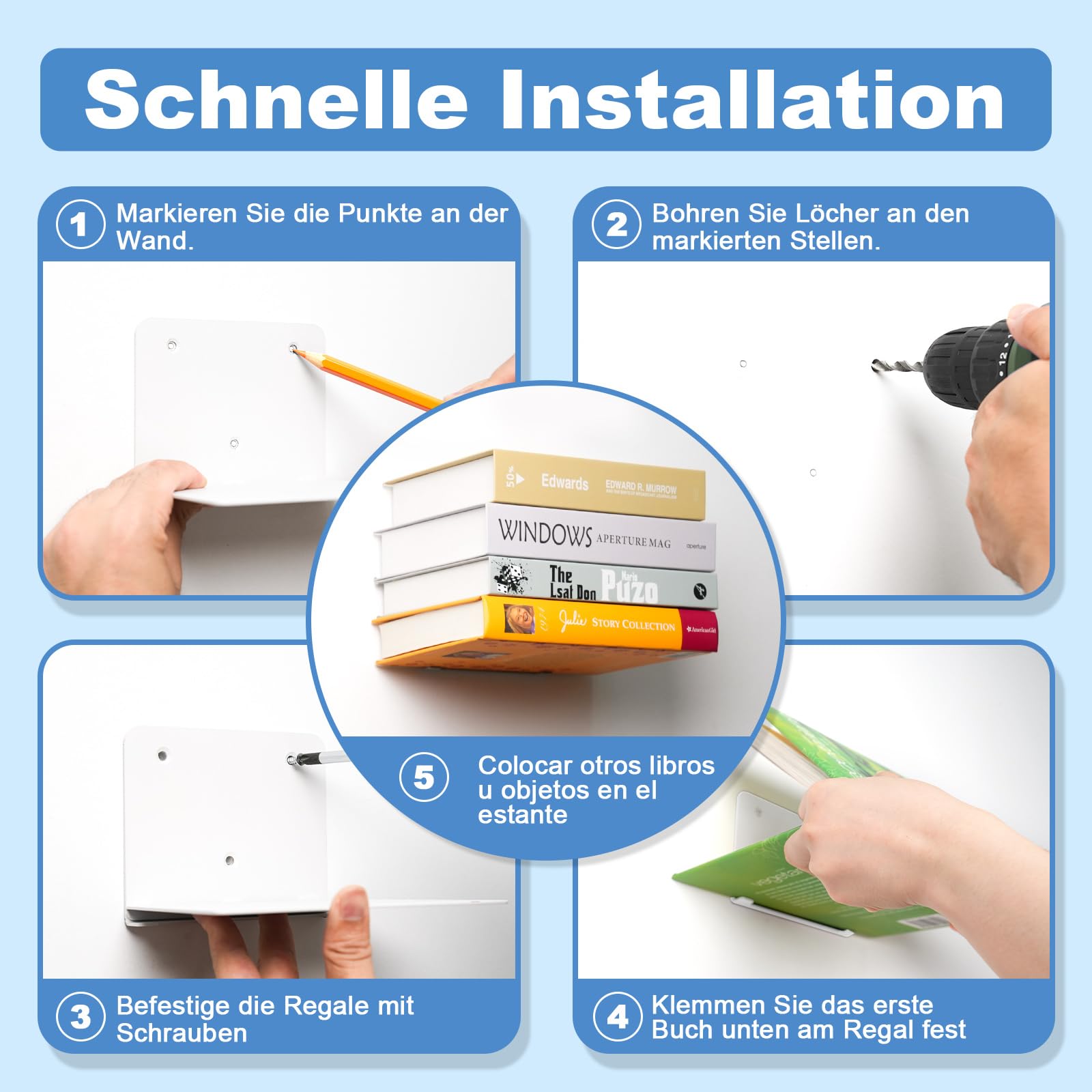 FENTEC Schwebende Bücherregale, Schwebendes Bücherregal für die Wand, Unsichtbare Bücherregale, Verstecktes Bücherregal aus Metall für das Schlafzimmer, Dekoration im Heimbüro, 6er Set, Weiß