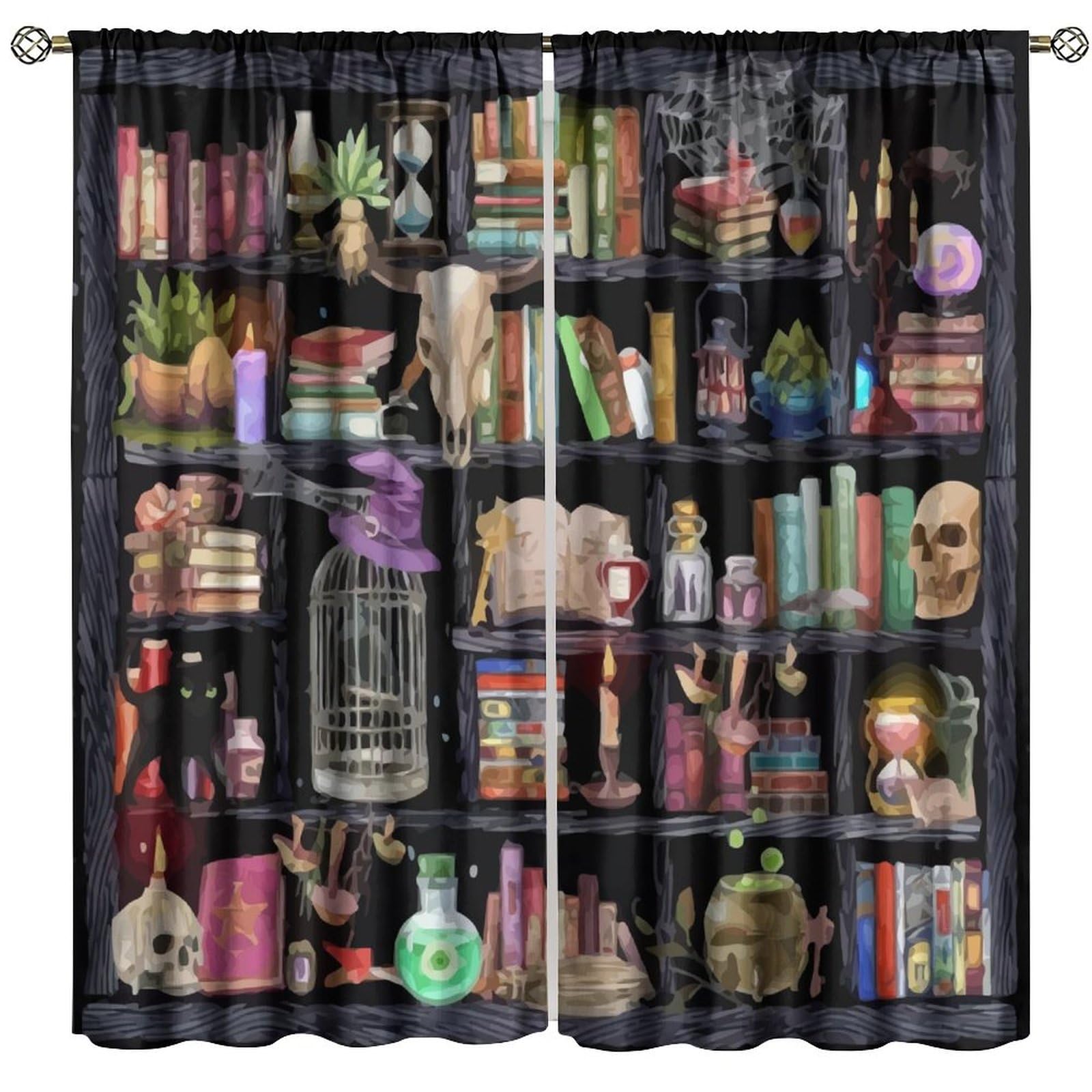 BenYaSong Witchy Blackout Window Curtains, Fantasy Magical Vintage Bookshelf Mysterious Bookcase Gothic Skull Spooky Goth for Home Kitchen Restaurant Decoration Window Drapes 2Panel 84" W X 84" L