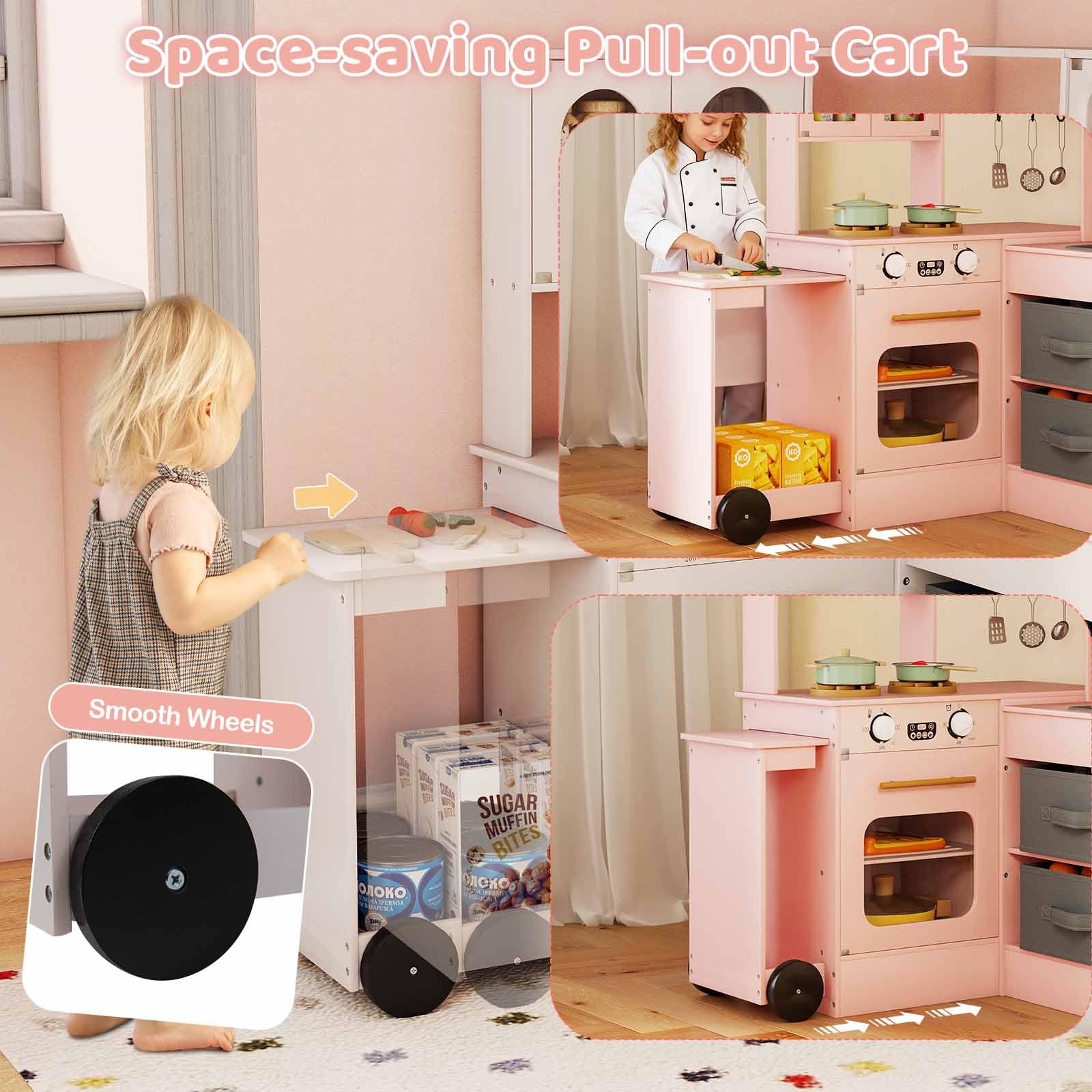 HOMASIS Cucina ad Angolo con Carrello Scorrevole, Luce e Suono, Cucina Giocattolo in Legno con Forno, Microonde, Macchina del Ghiaccio, Fornello, per Bambini da 3 Anni in su (Rosa)