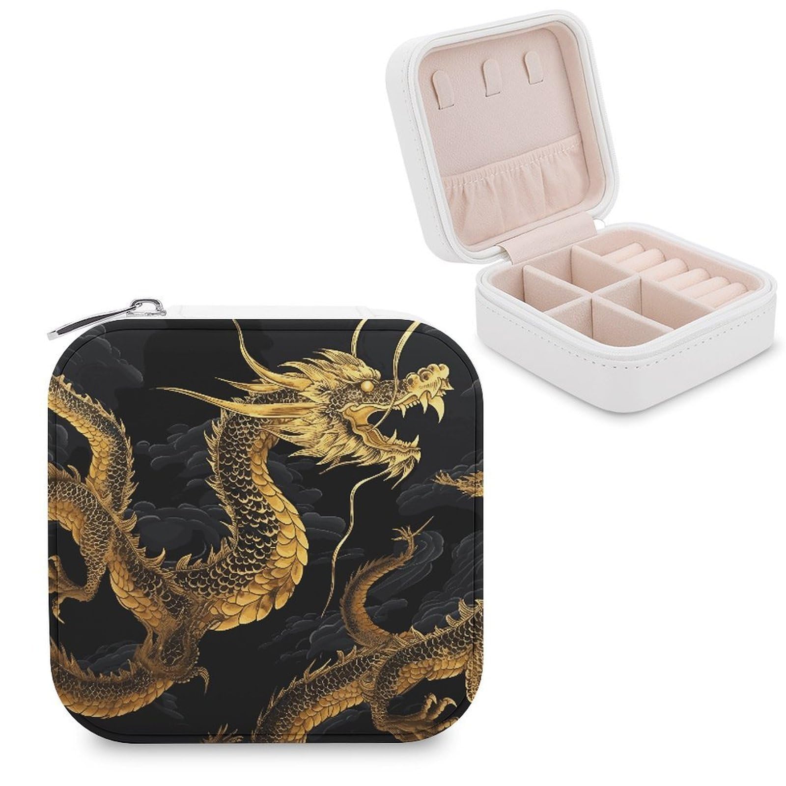 MUSM Yellow Dragon Black Background Travel Jewelry Case Personalized PU Leather Jewelry Boxes for Women Small Portable Jewelry Organizer Box Cute Trinket Box for Necklaces Rings Earrings & Gifts
