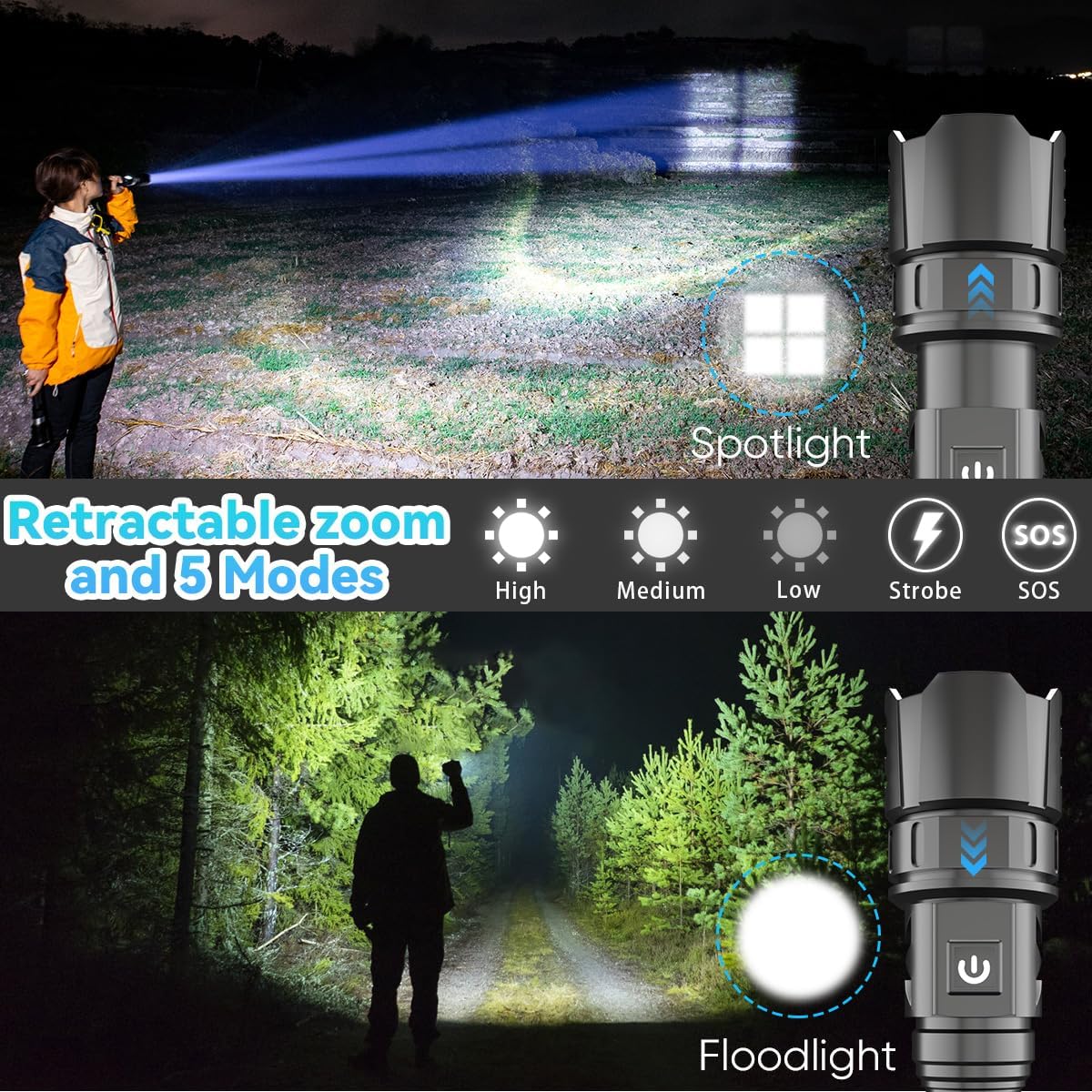 6000 Lumens XHP70 Tactical Flashlight with Picatinny Rail Mount and Pressure Switch, 5 Modes Picatinny Flashlight, USB Rechargeable Rifle Light for Outdoor Adventures