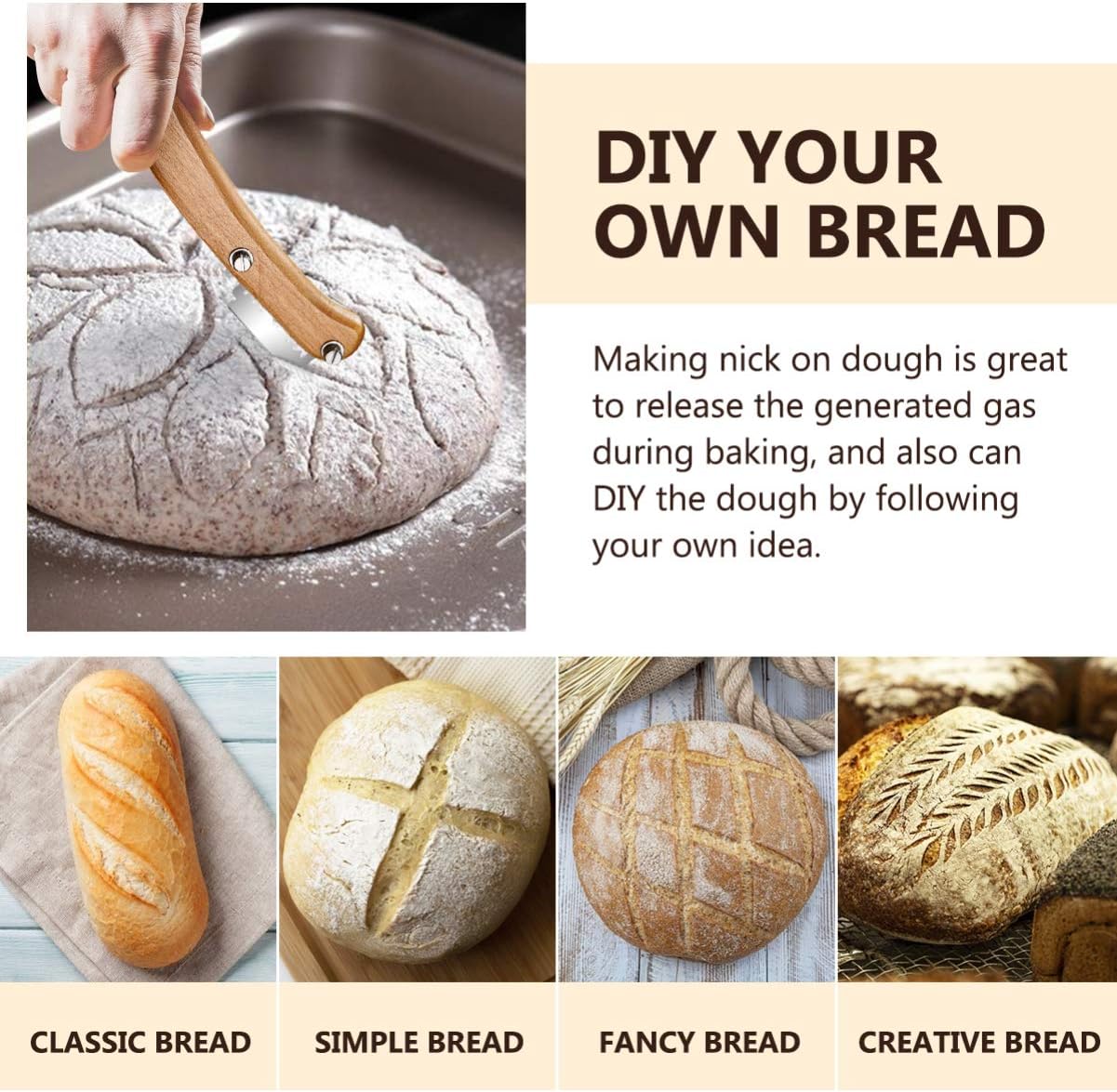 Healeved Bread Lame Dough Scoring Tool Van Wooden Handle 5 Blades, Creative Bread Scoring Tool Bread Slicer Cake Cutter, Acid Dough Bread Blades with Protector Cover