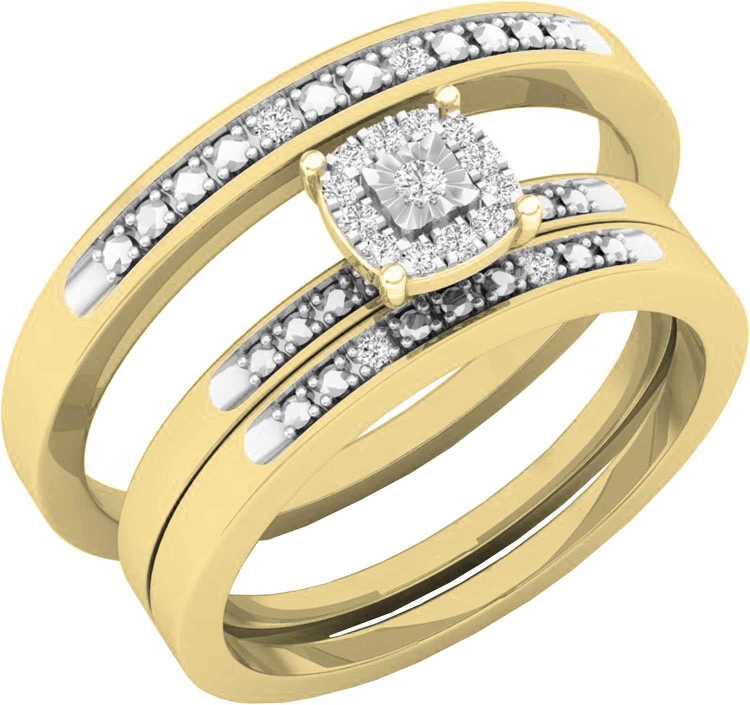 Dazzlingrock Collection 0.08 Carat (Cttw) 10K Round White Diamond Men's & Women's Cluster Engagement Ring Trio Ring Set, Yellow Gold