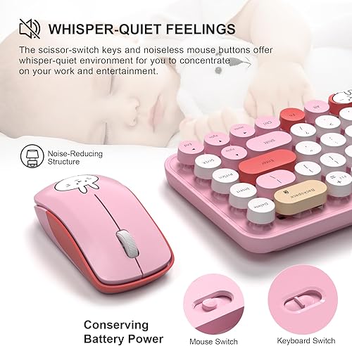 Miniatura 6 de FOPETT - Teclado y mouse inalámbricos, lindo mouse y teclado 2.4G con 68 teclas de colores, teclas redondas retro para PC, laptop, tableta,