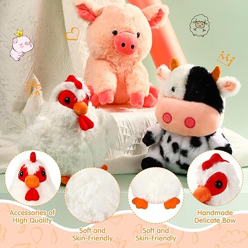 Miniatura 4 de Skylety Juego de 5 animales de peluche de granja de 10 pulgadas, animales de peluche de granja de corral, juguetes de peluche suaves de cerdo gallo,