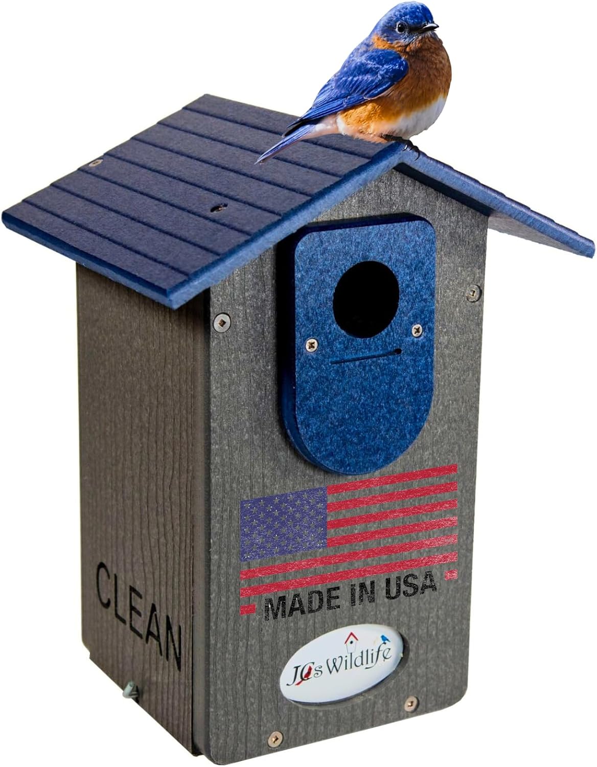JCs Wildlife Ultimate Eastern and Western Bluebird House - Made in the USA with Recycled Poly Lumber - Viewing Window and Clean Out Door (Blue and Gray)