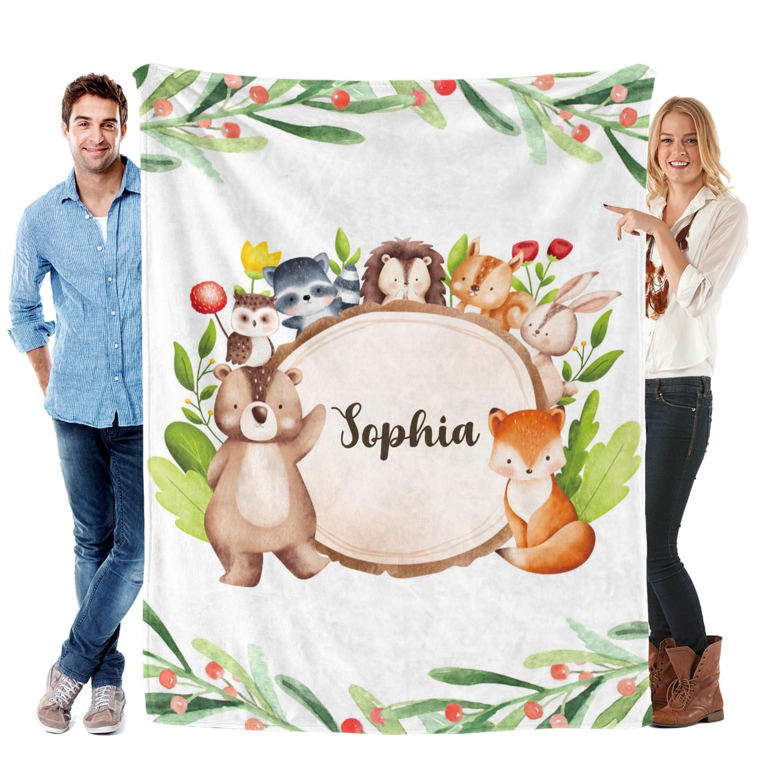 Joyestore Ships Next Day-Safari Animals Berry Leaves Personalized Name Dog Bed Blanket Thanksgiving Blanket Decor,50