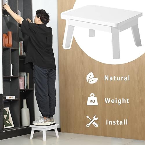 Miniatura 6 de HOUCHICS Taburete blanco de un solo paso para adultos y niños, taburete de madera para cocina, baño, dormitorio