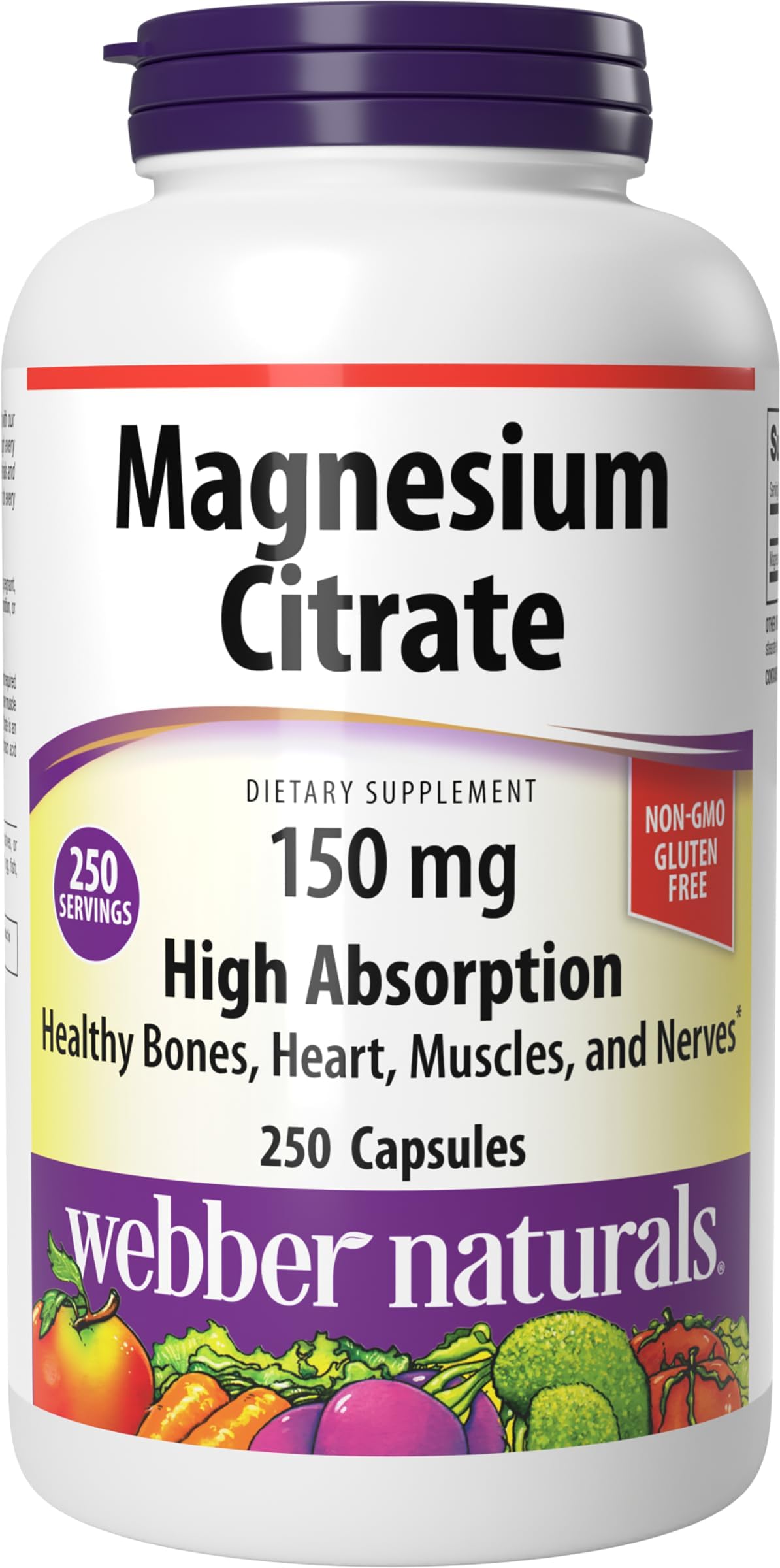 Webber Naturals Magnesium Citrate 150 mg, 250 Capsules, High Absorption, Helps Maintain Healthy Bones, Teeth and Proper Muscle & Heart Function, Non-GMO, Gluten & Diary Free
