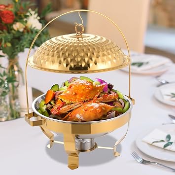 Chafing Dishes,Round Stainless Steel Chafing Dish Buffet Set with Glass Lid and Holder,Buffet Warmers Sets Buffet Servers and Warmers Set Warming Tray for Parties (8.5QT Gold), AK2-969