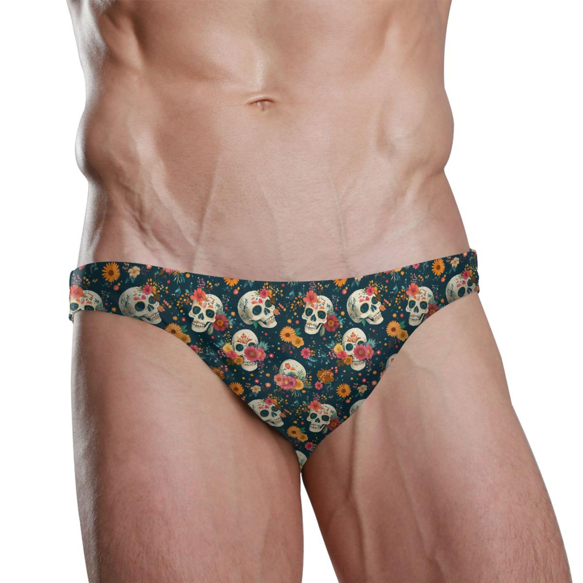 Mens Swim Briefs Skull Flower Swimwear Bikini Swimsuit XL B0404433