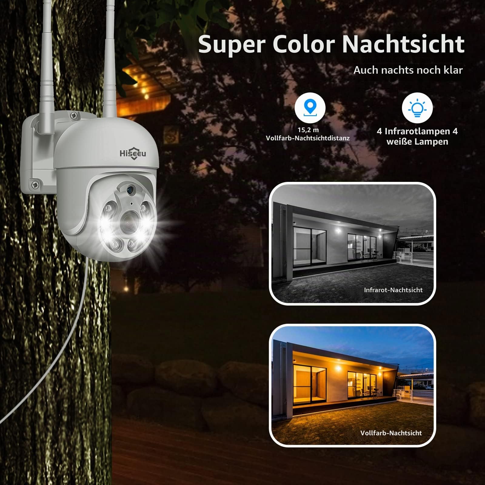 Hiseeu 5 MP Überwachungskamera Außen-WLAN mit automatischer Verfolgung, 350°/90° schwenkbar, Farbnachtsicht, Zwei-Wege-Audio, IP66 wasserdicht, Cloud- und SD-Kartenspeicher