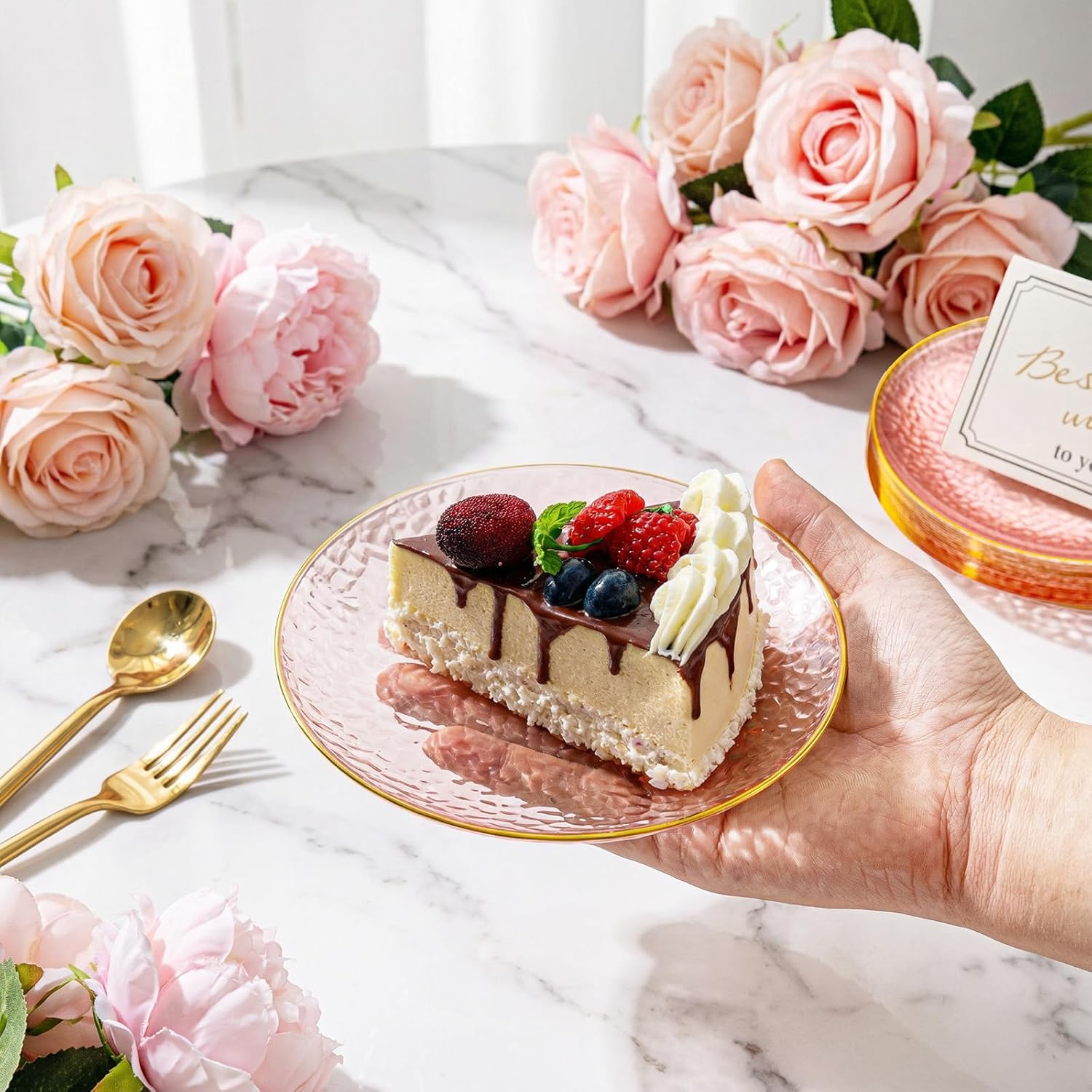 Rubtlamp 100Pcs Plastic Pink Dessert Plates, 6 Inch Pink Gold Appetizer Plates Disposable, Hammer Heavy Duty Small Salad plates, Fancy Cake plates For Birthday Wedding Teatime