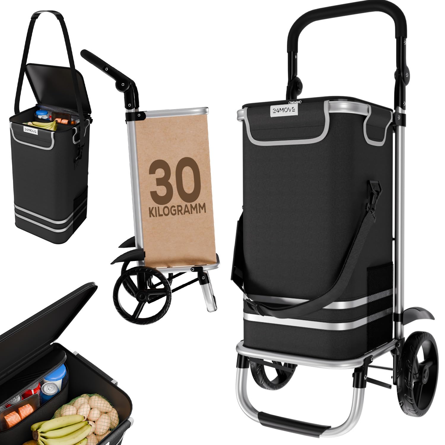 24MOVE® Einkaufstrolley Vehlo klappbar mit 55L inkl. Kühlfach, Faltbarer 3in1 Trolley - Sackkarre und Tasche, bis 30kg belastbar, schwarz