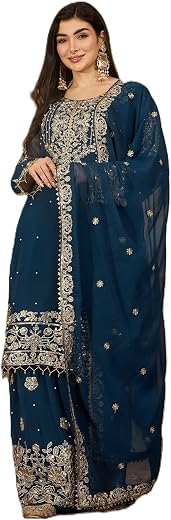 Pandadi Saree Women's Faux Georgette Coding Sequence Work Kurta and Sharara Set With Dupatta