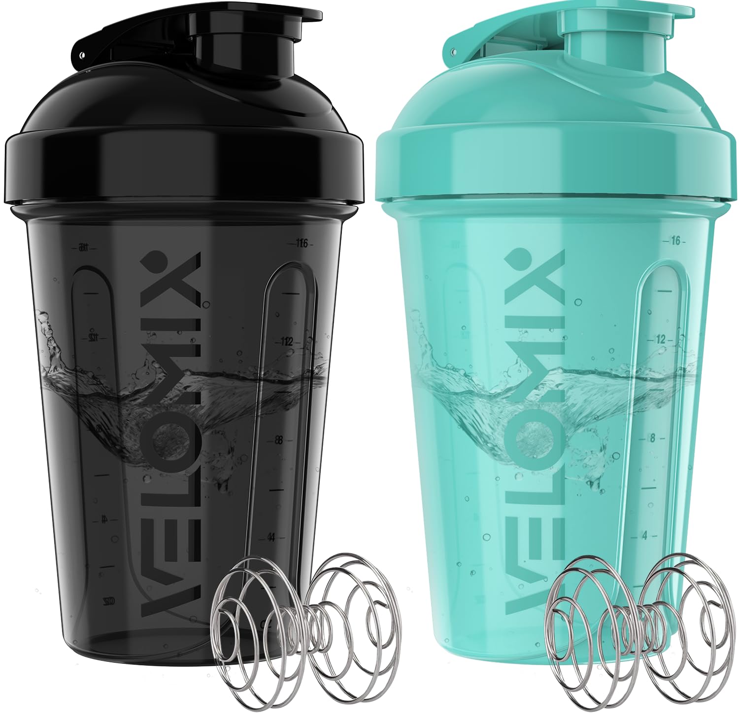 VELOMIX -2 Pack- 20 oz Protein Shaker Bottles for Protein Mixes - 2x Wire Whisk | Leak Proof Shaker Cups for Protein Shakes and Pre Workout | Protein Shaker Bottle Pack (A8) Black/Torquoise