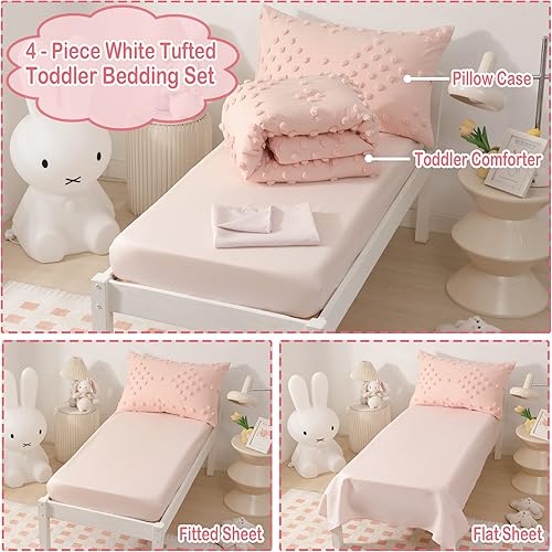 Miniatura 11 de Juego de ropa de cama para niñas pequeñas de 4 piezas con edredón, sábana encimera, sábana bajera y funda de almohada para niños pequeños con Tufts