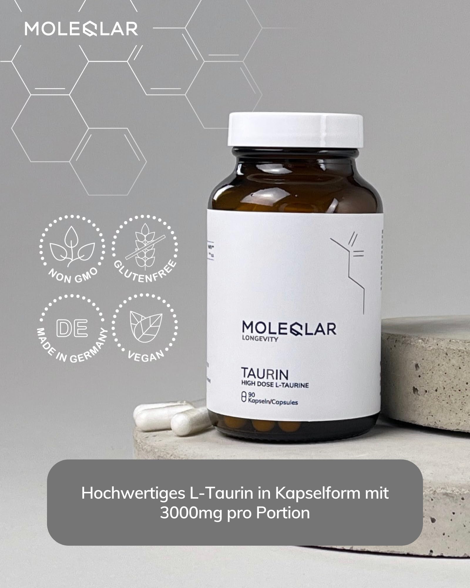 MoleQlar Capsule di taurina 90 pezzi – 2550 mg L-taurina ad alta purezza per porzione – Supporto ottimale in caso di maggiore necessità di taurina – vegano, ad alta purezza, senza OGM