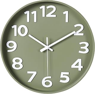 45MinST 12 Inch 3D Number Dial Face Modern Indoor Outdoor Clock, Silent Non-Ticking Round Home Decor Wall Clock with Arabic Numerals, Colorful Dial Face (Olive Green)
