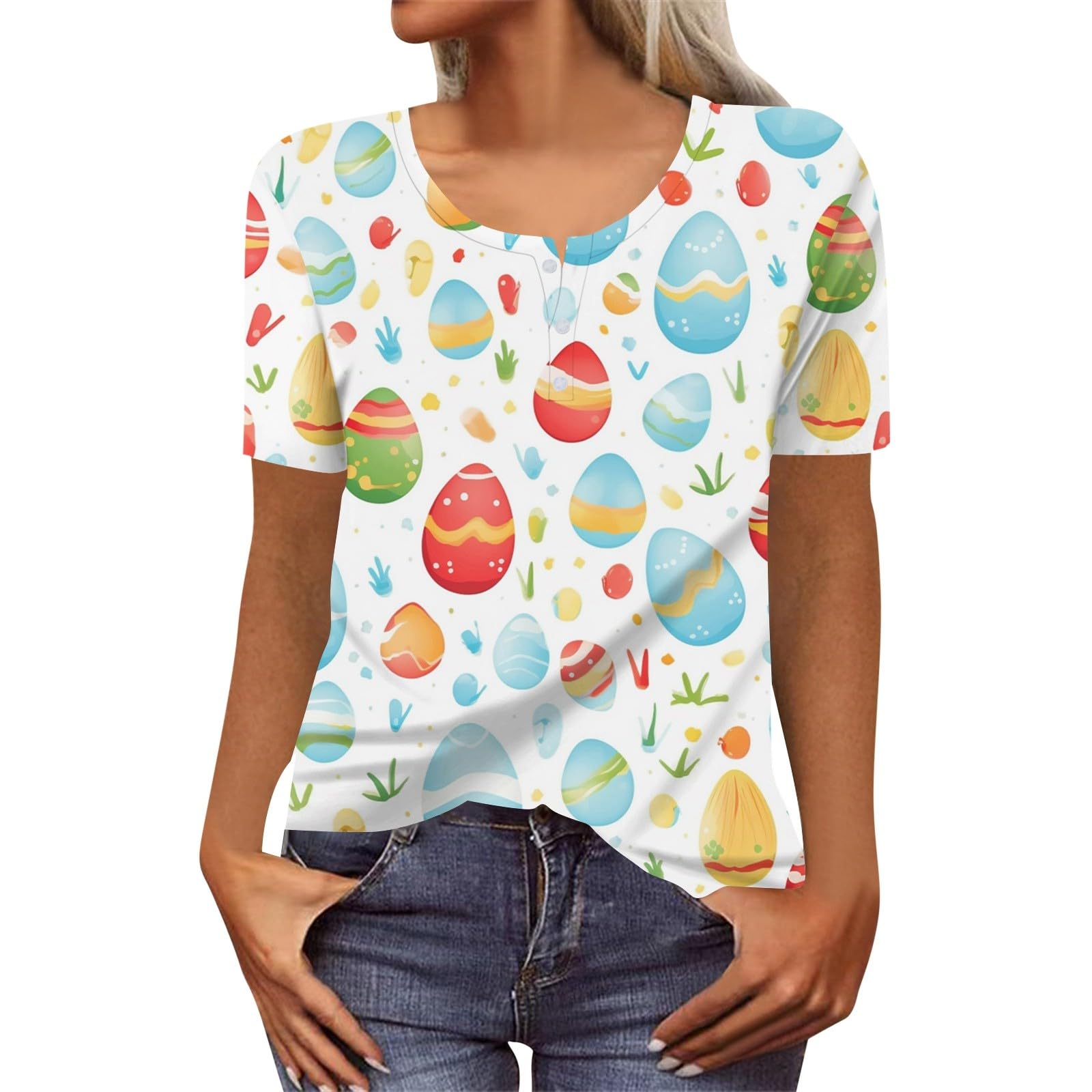GenericMardi Gras Shirts for Women Henley Short Sleeve Crew Neck Womens Tunic Tops Summer Shirt Geometric Print Clothes