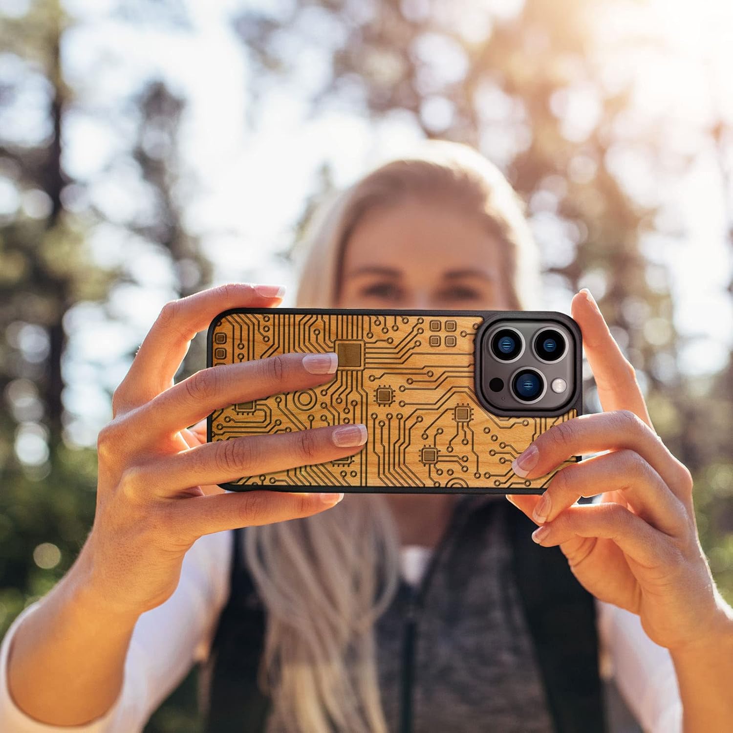 Carveit Magnetic Wood Case for iPhone 14 Pro Max [Natural Wood & Black Soft TPU] Unique & Classy Wooden Shockproof Protective Cover Compatible with magsafe (Motherboard -Cherry)