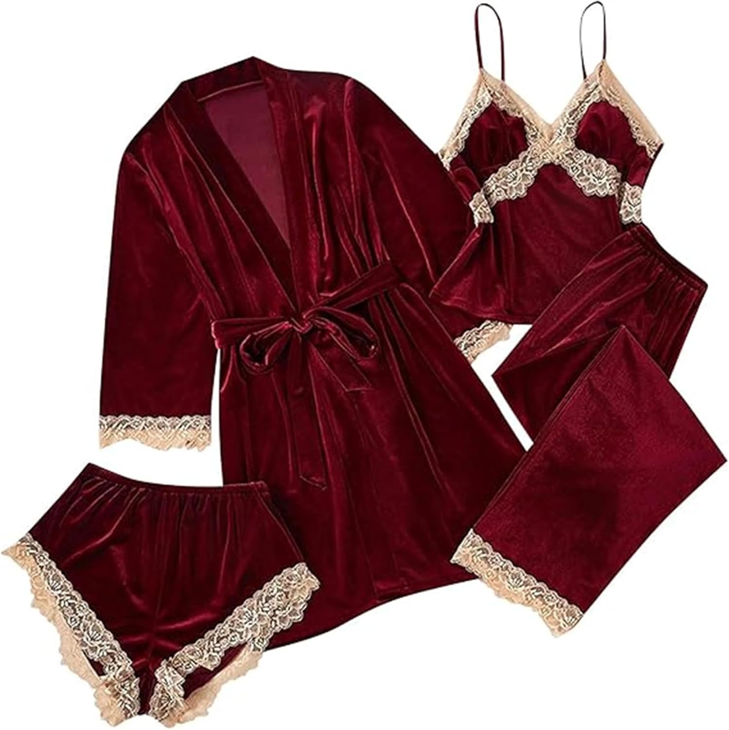Women's Velvet Pajama Sets 4 Piece, Robe Camisole Shorts And Pants Sleepwear Velvet Lingerie Set Lace Trim Loungewear