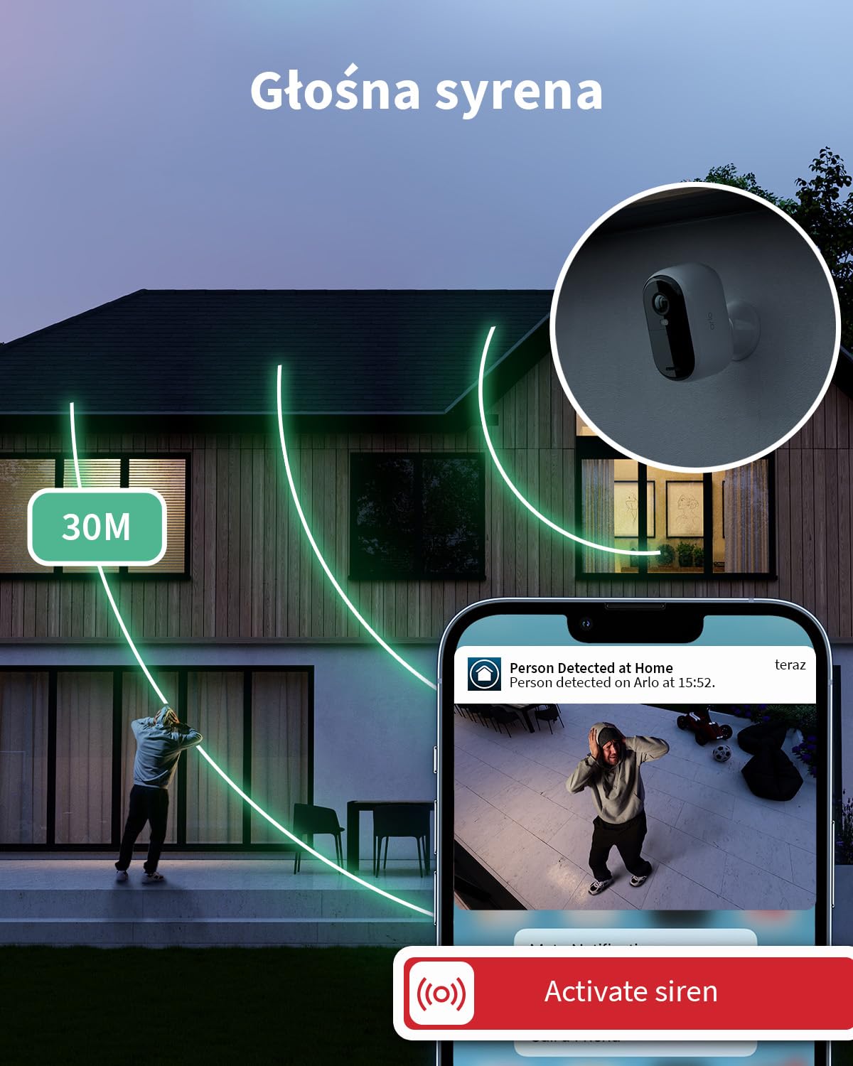 Arlo Essential 2 HD XL zewnętrzna kamera bezpieczeństwa, do 2 lat ochrony, bezprzewodowa, 2K HD, kolorowy obraz w nocy, światło, czujnik ruchu, syrena, dwukierunkowy dźwięk + Testowy Plan Arlo Secure