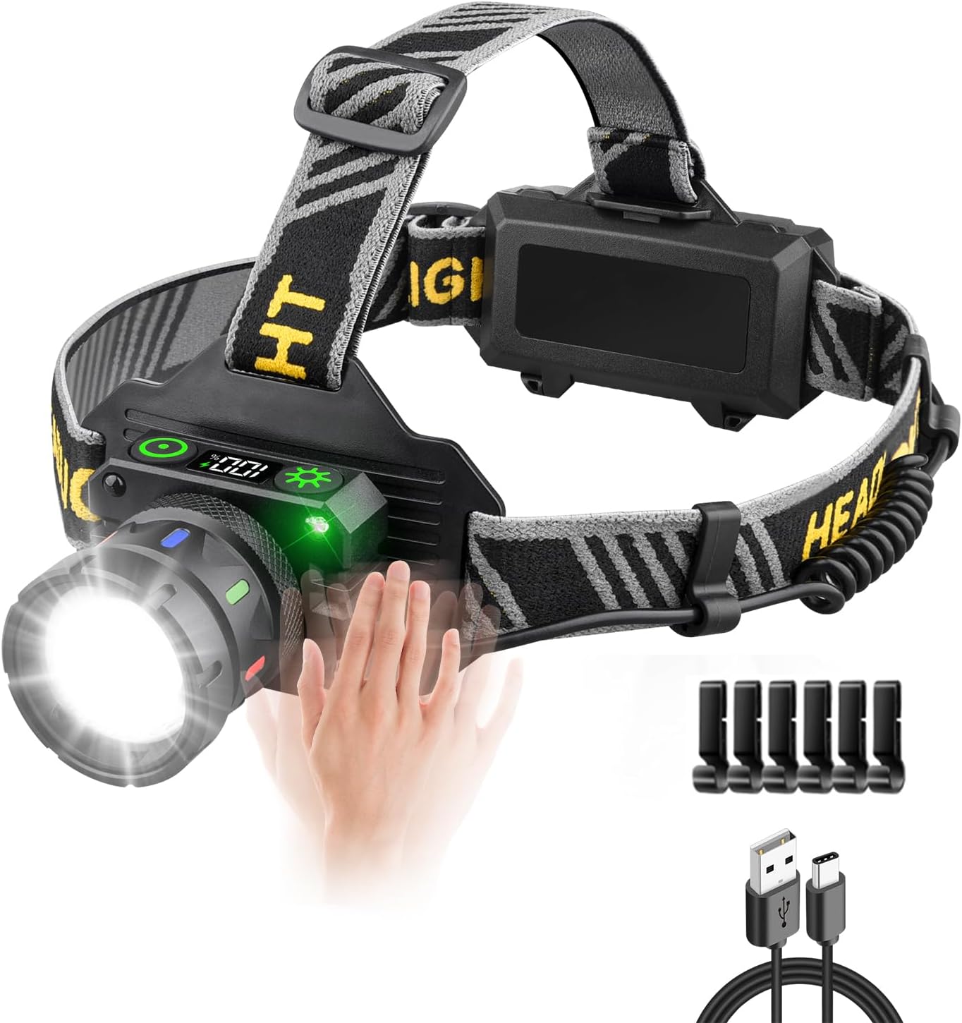 Headlamp Rechargeable 5000 High Lumen: Super Bright LED Head Lamp with Motion Sensor, 9 Modes, IPX7 Waterproof, 90°Adjustable, Zoomable Headlight for Adults Hunting Camping Hiking Running