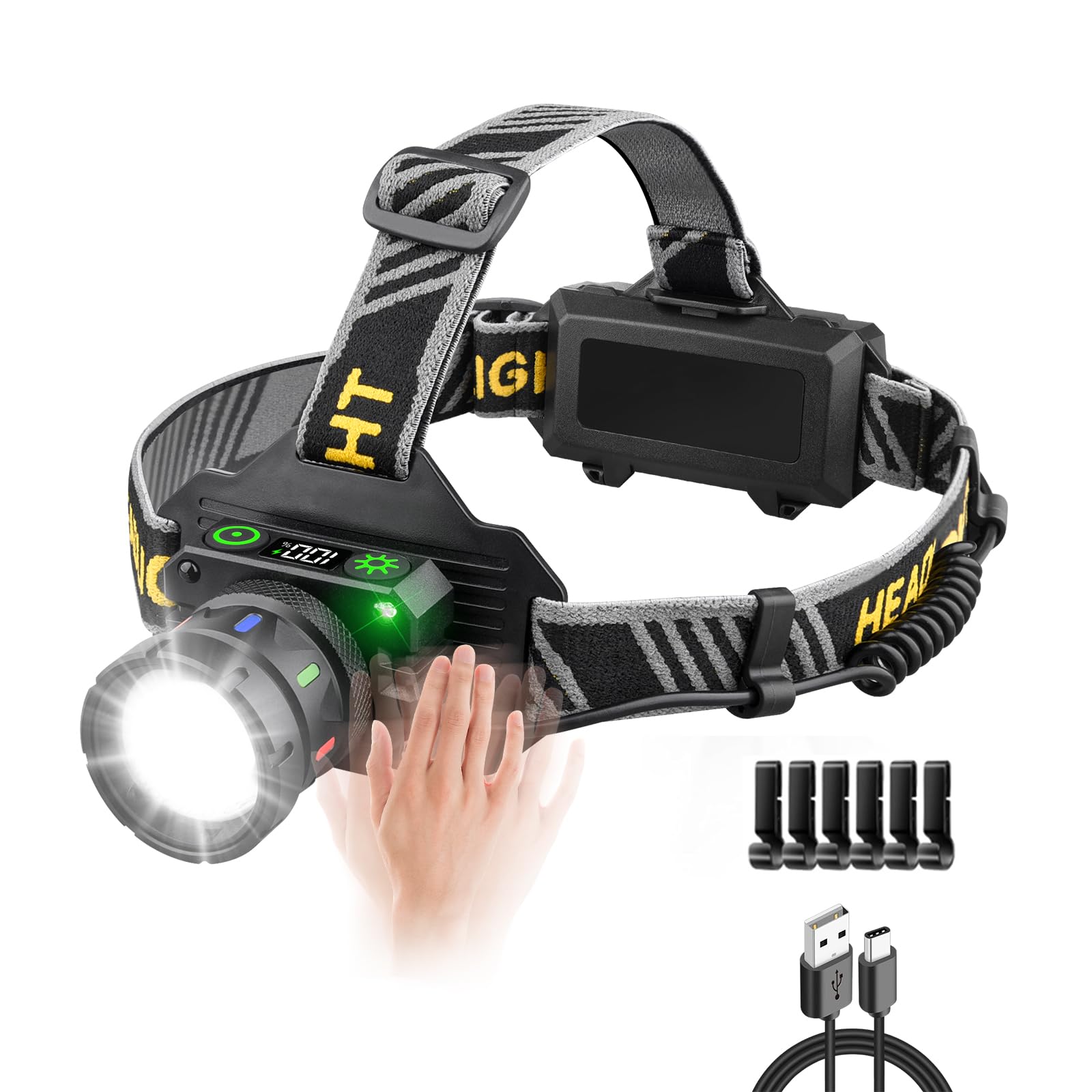 【Stirnlampe Wiederaufladbar 5000 Hohe Lumen】Super helle LED Kopflampe mit Bewegungsmelder, 9 Modi, IPX7 Wasserdicht, 90° Einstellbar, Zoombarer Scheinwerfer für Erwachsene Jagd Camping Wandern