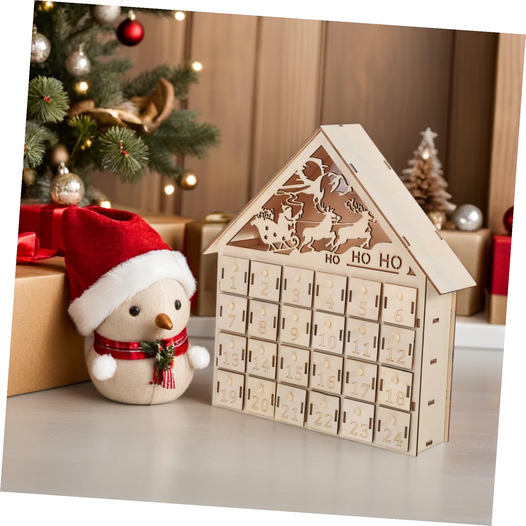 Amosfun 24cajón Calendario De Adviento De Madera Para Navidad Calendario De Días Iluminación Led Cajas De Regalos Navideños Reutilizables Para Repisa o Mesa