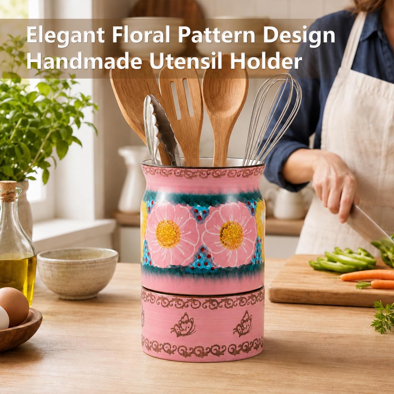 Ceramic Kitchen Utensil Holder with Draining Base 5.6" Handmade Stable Utensil Crock for Kitchen Countertop Floral Kitchen Organizer Cooking Tool Holder for Spoons Forks Pink